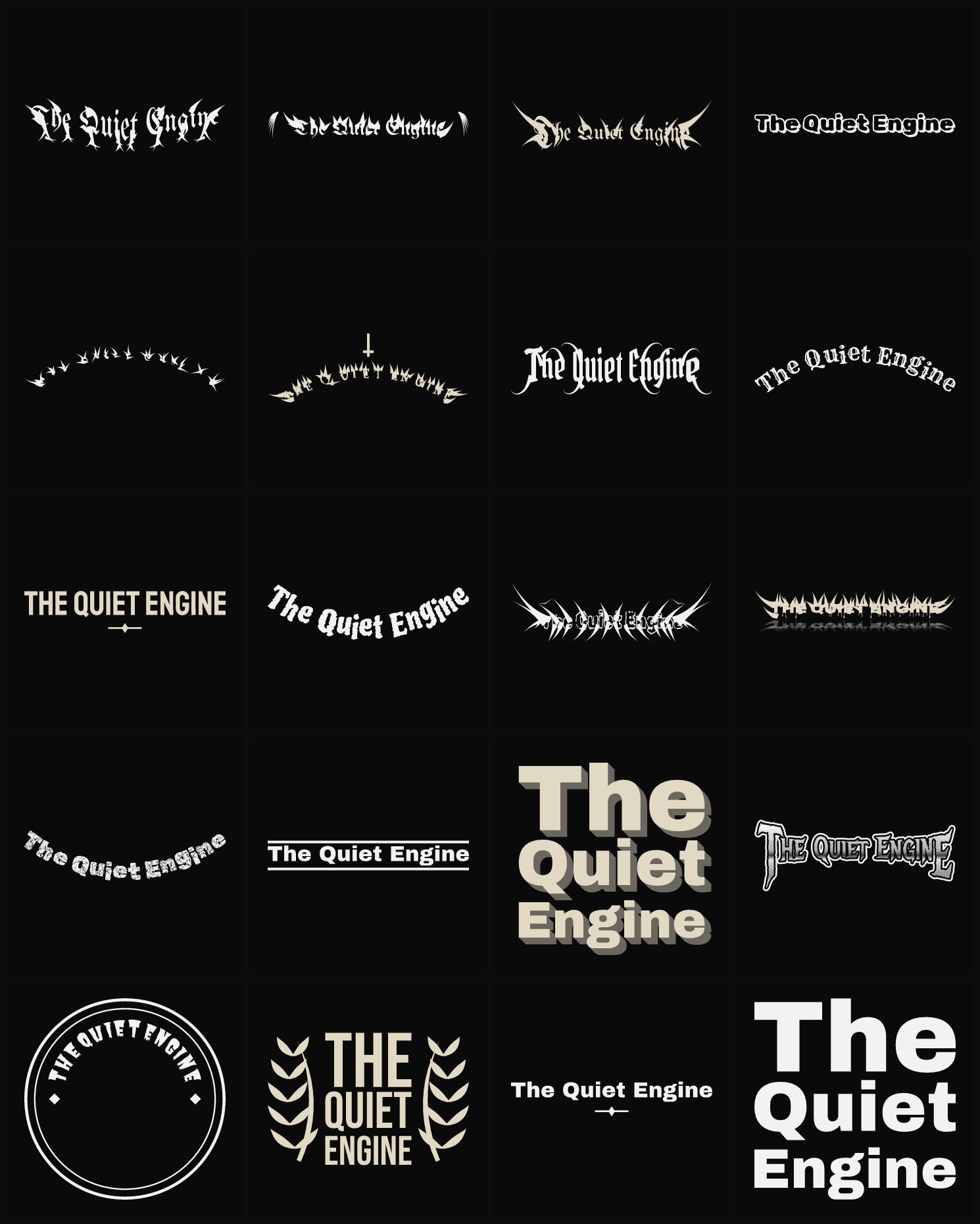 Twenty The Quiet Engine band logo ideas — different faces, treatments and spike settings
