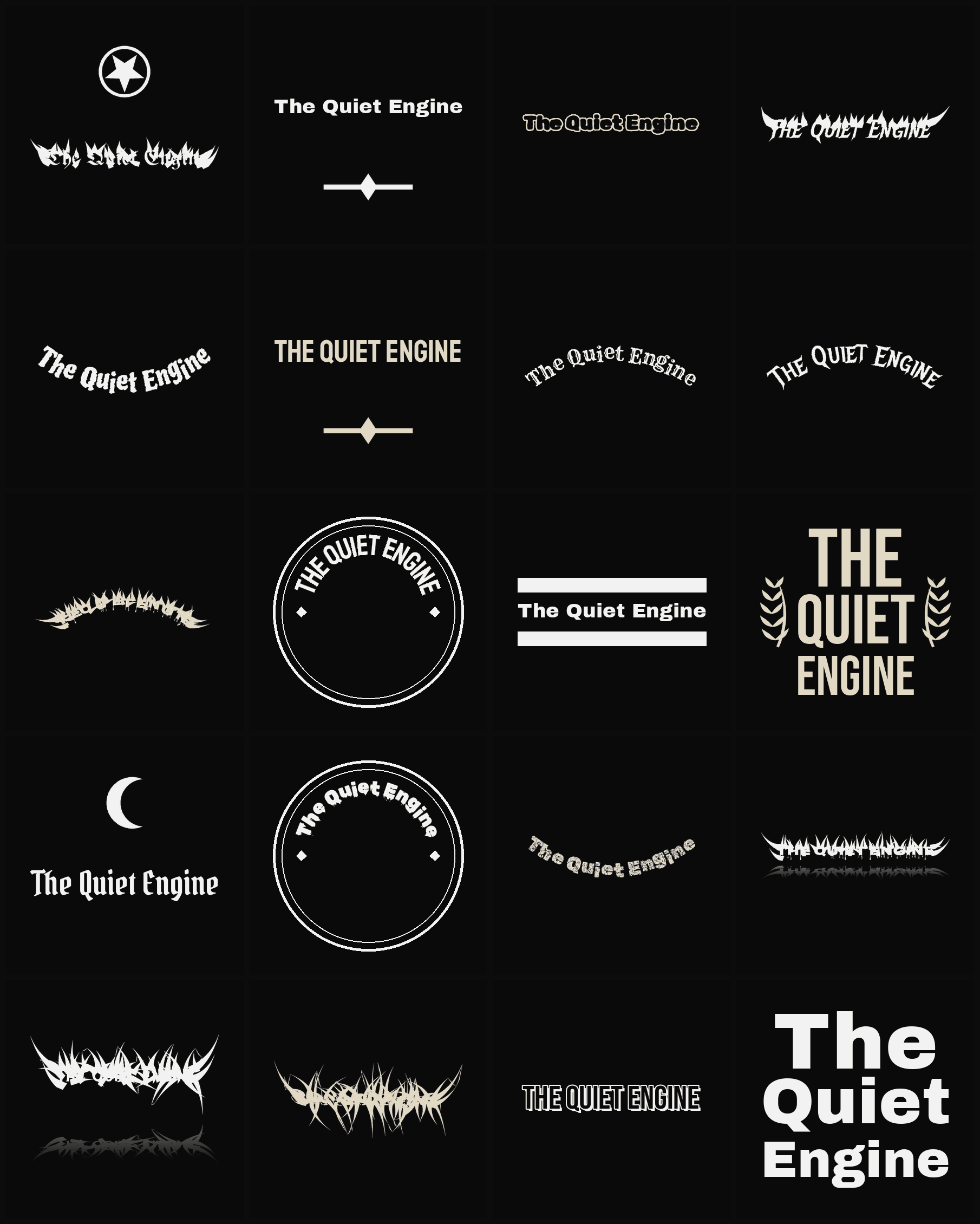 Twenty The Quiet Engine band logo ideas — different faces, treatments and spike settings