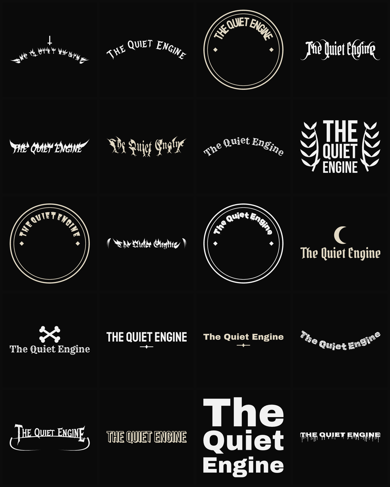 Twenty The Quiet Engine band logo ideas — different faces, treatments and spike settings