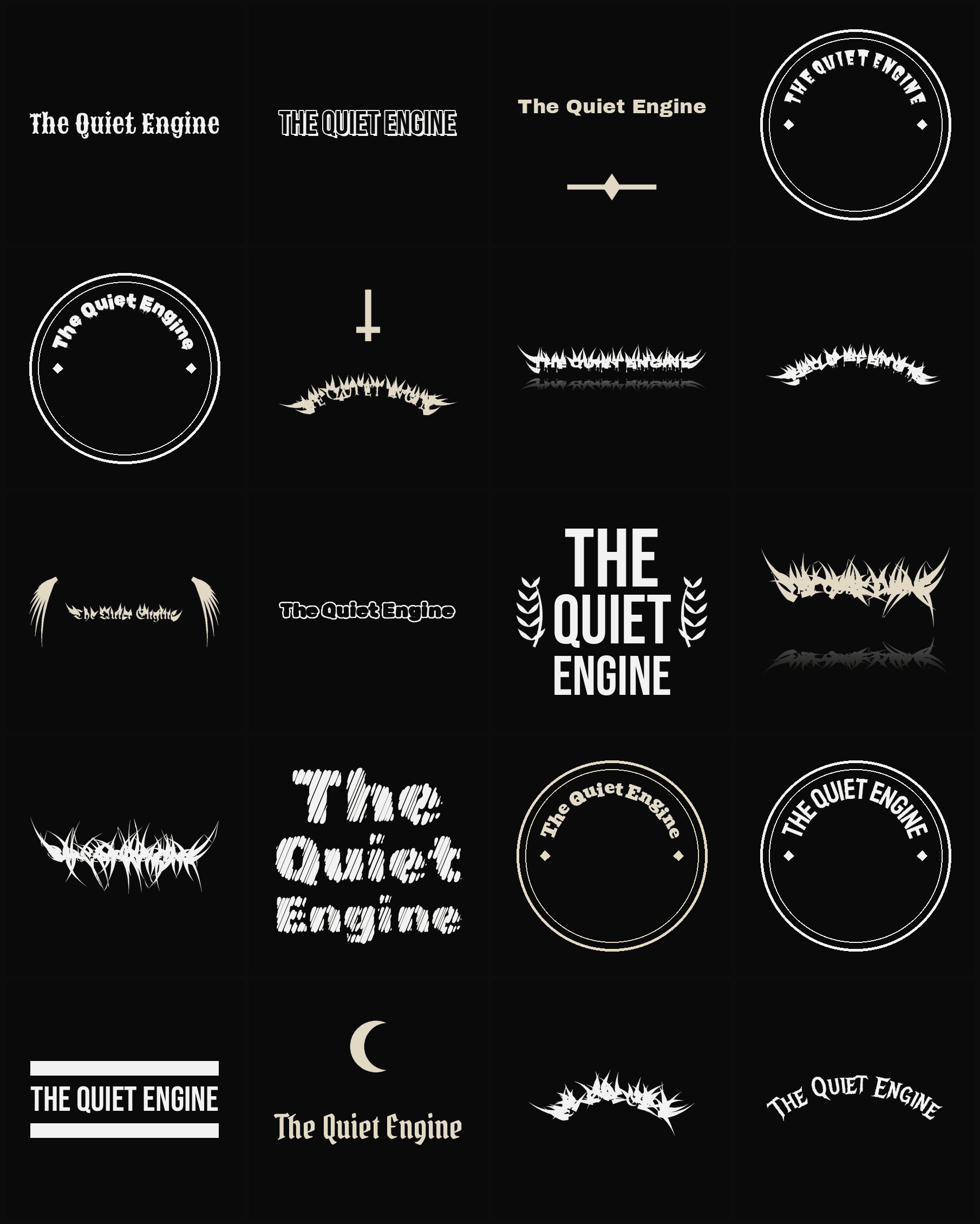 Twenty The Quiet Engine band logo ideas — different faces, treatments and spike settings