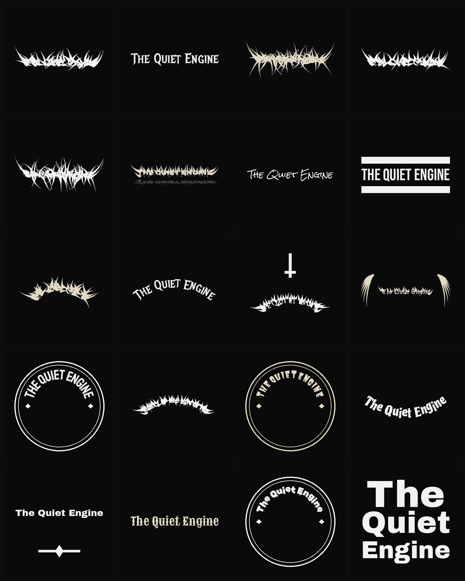 Twenty The Quiet Engine band logo ideas — different faces, treatments and spike settings