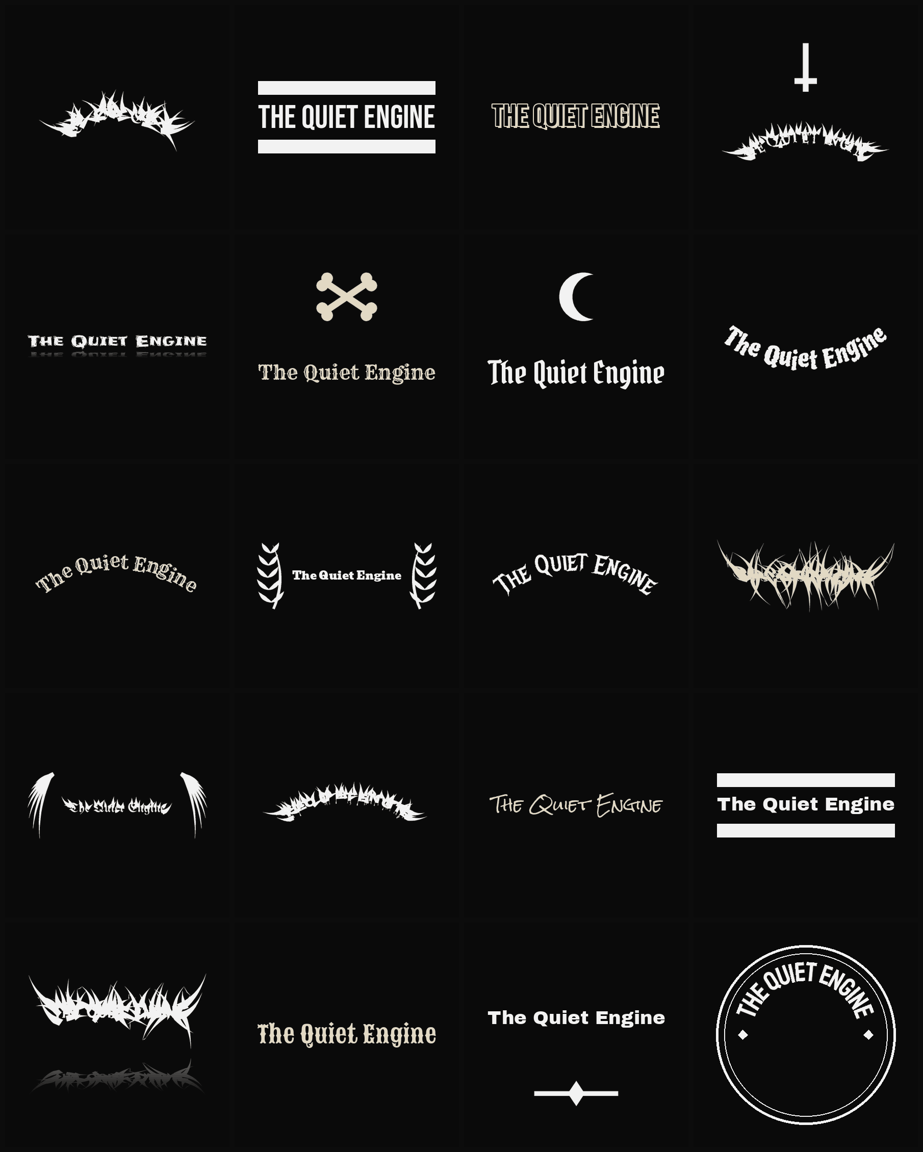 Twenty The Quiet Engine band logo ideas — different faces, treatments and spike settings
