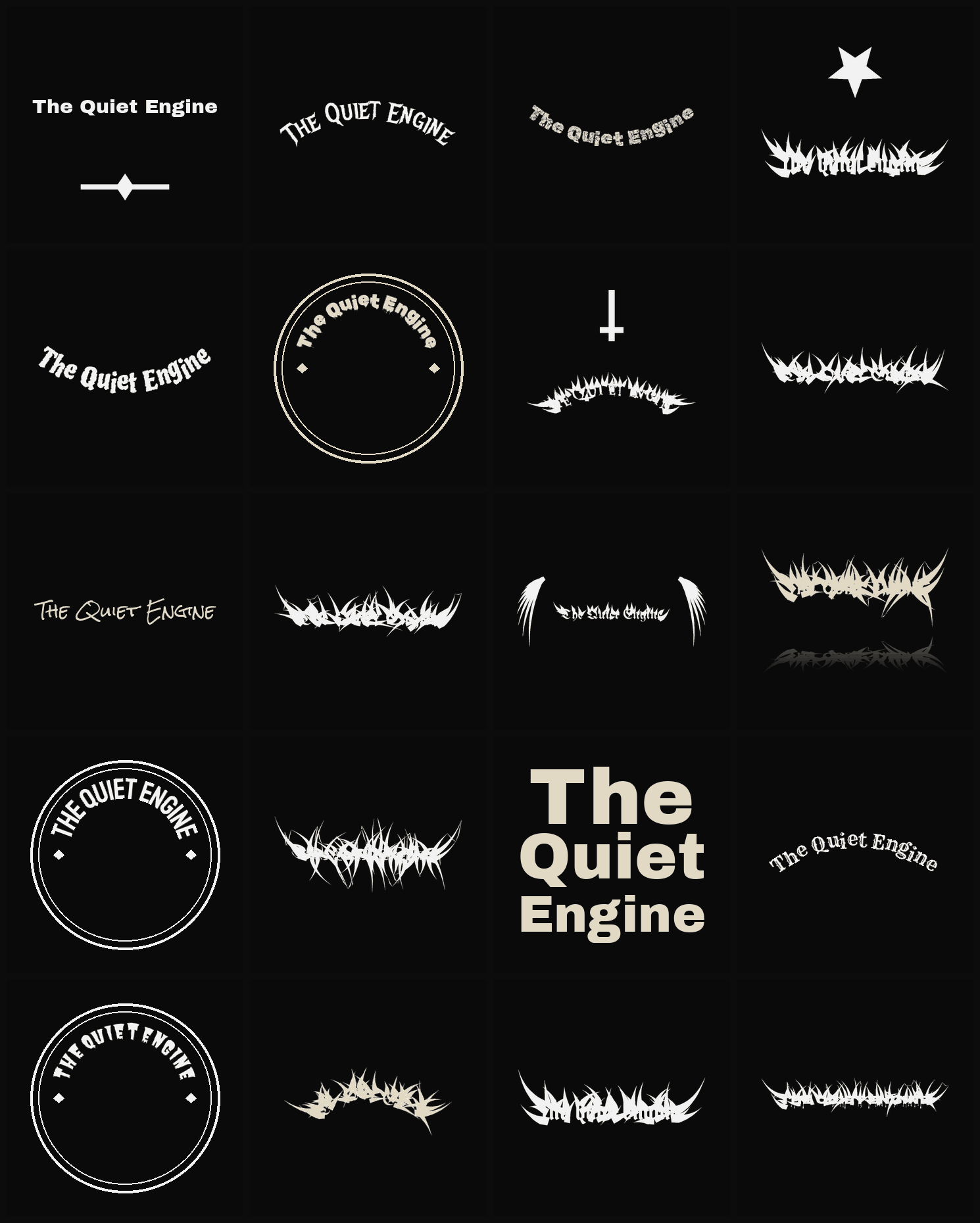 Twenty The Quiet Engine band logo ideas — different faces, treatments and spike settings