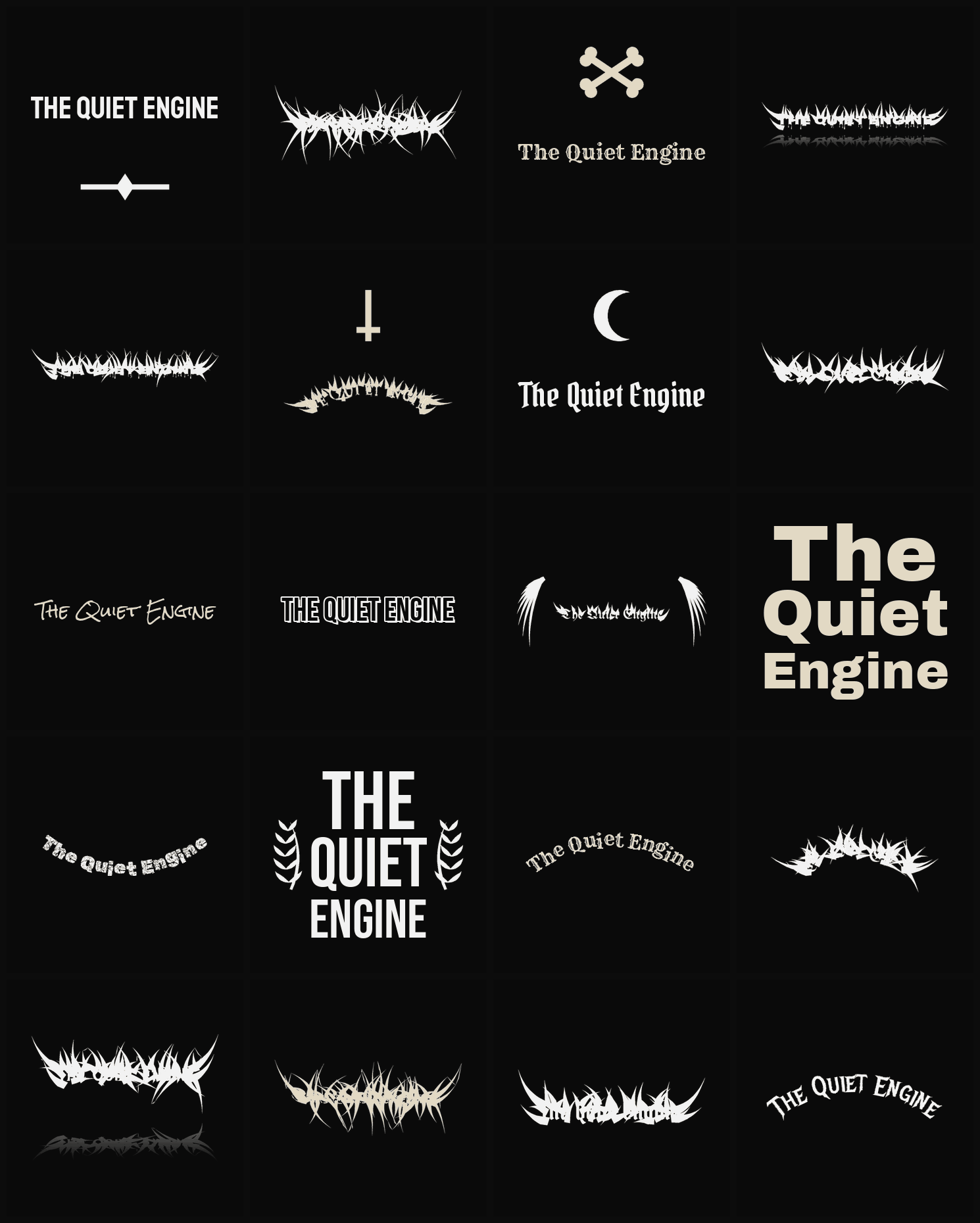 Twenty The Quiet Engine band logo ideas — different faces, treatments and spike settings