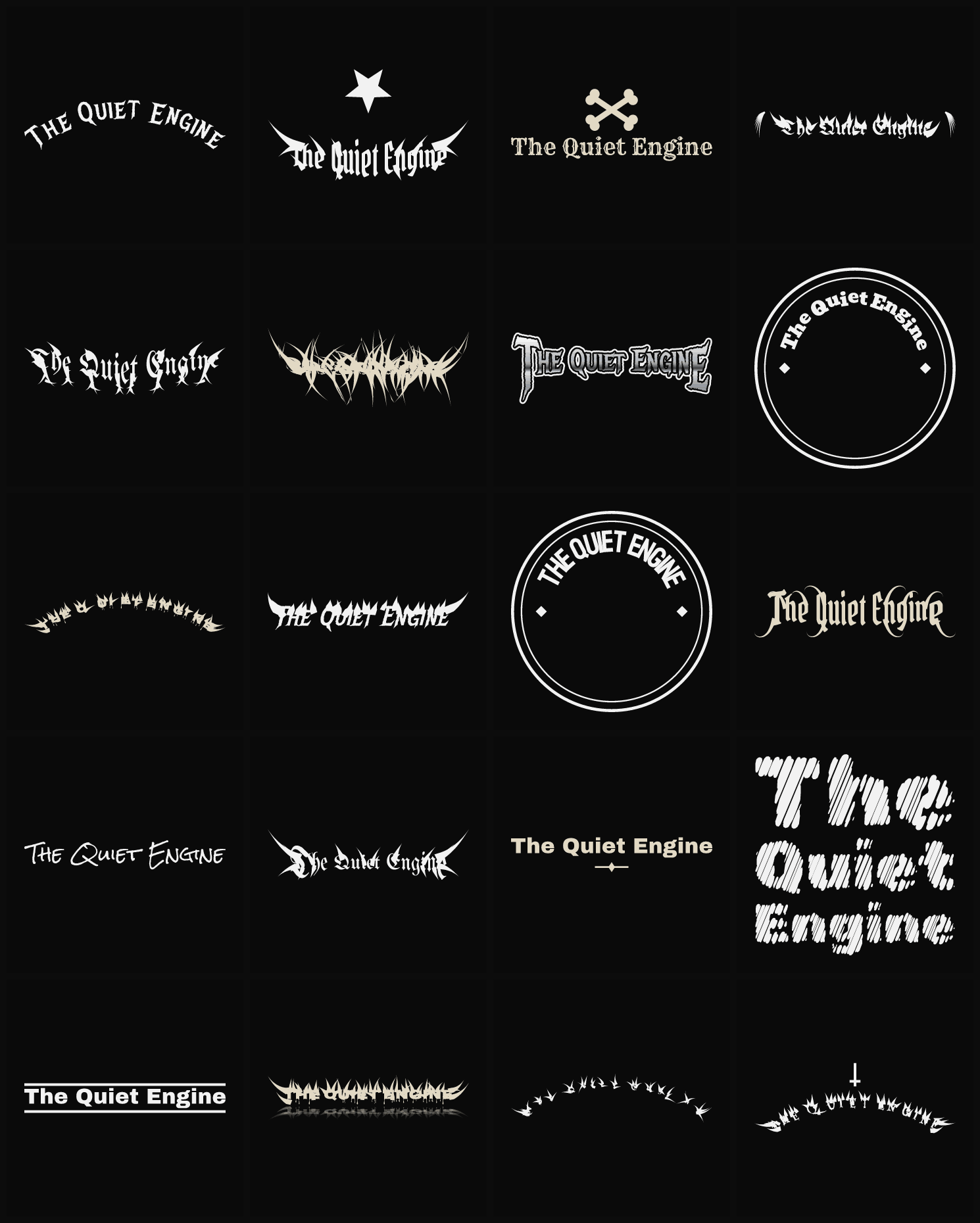 Twenty The Quiet Engine band logo ideas — different faces, treatments and spike settings