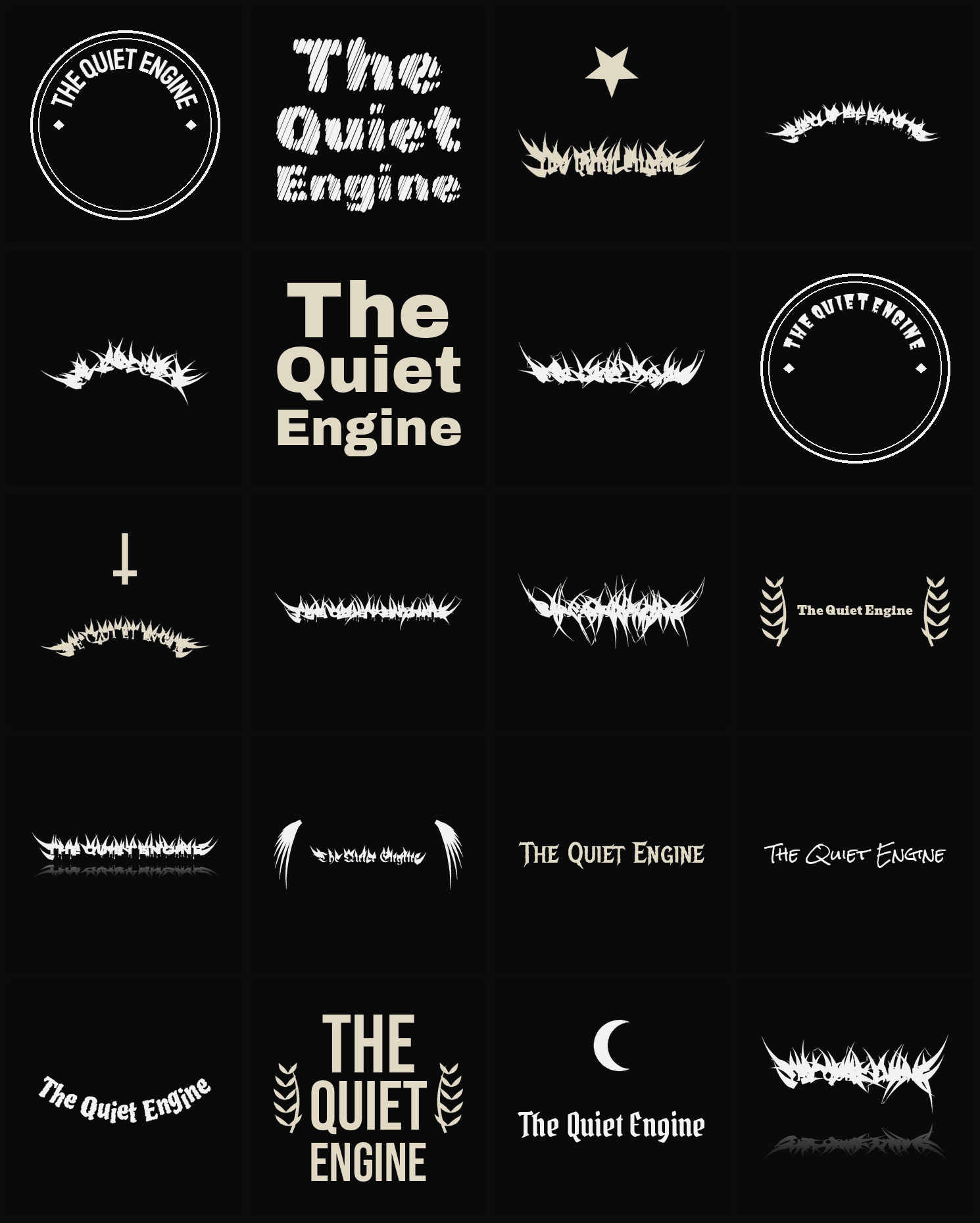 Twenty The Quiet Engine band logo ideas — different faces, treatments and spike settings