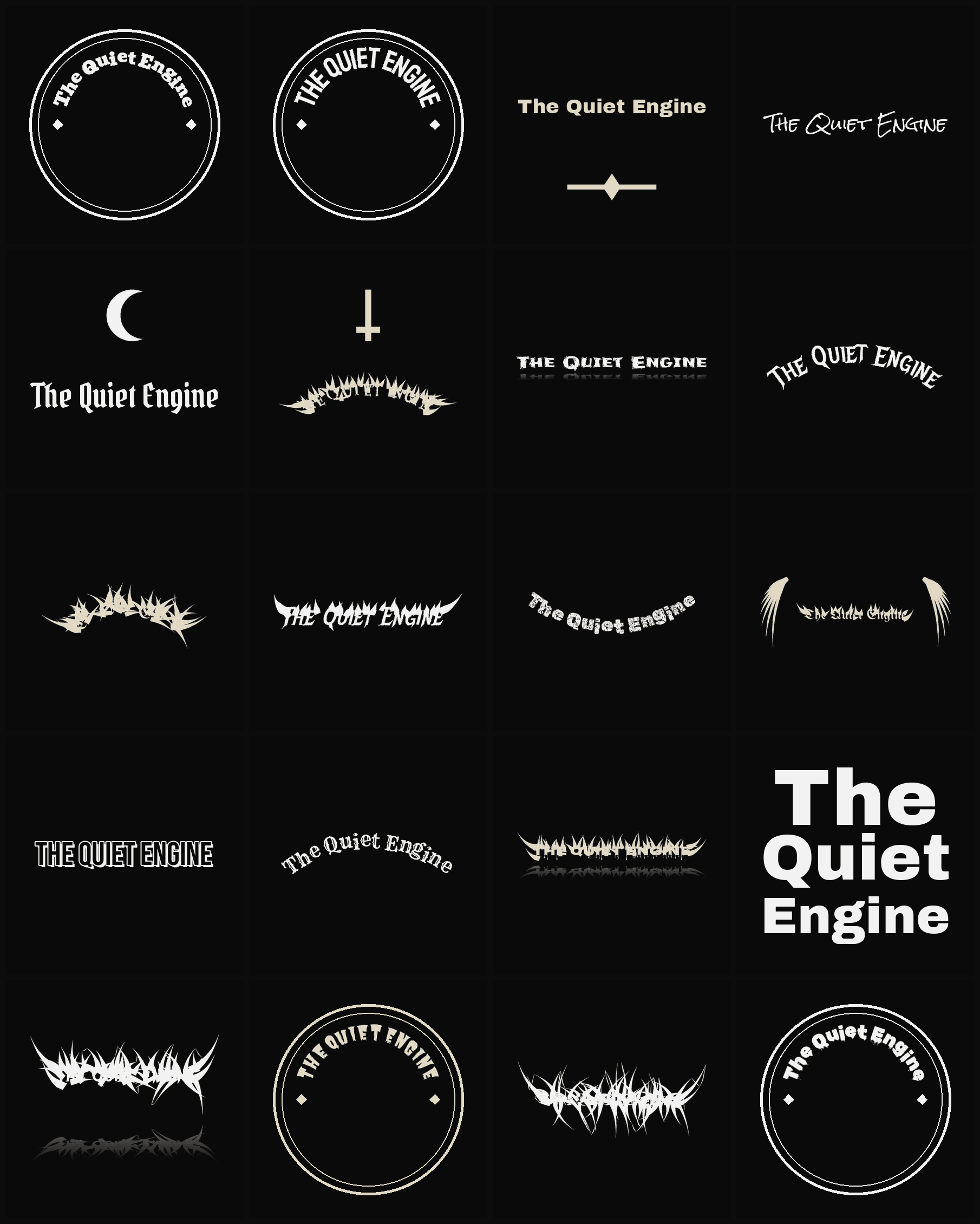 Twenty The Quiet Engine band logo ideas — different faces, treatments and spike settings