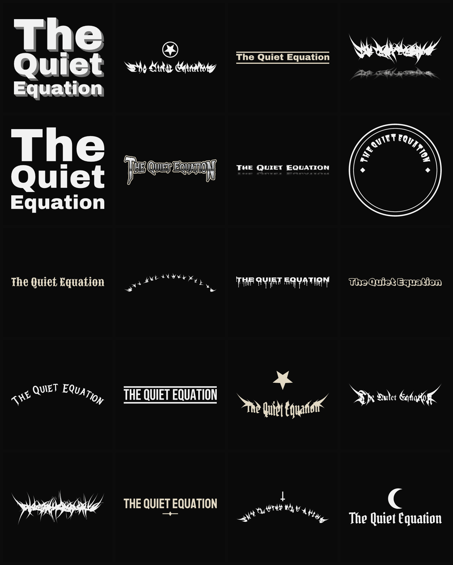Twenty The Quiet Equation band logo ideas — different faces, treatments and spike settings