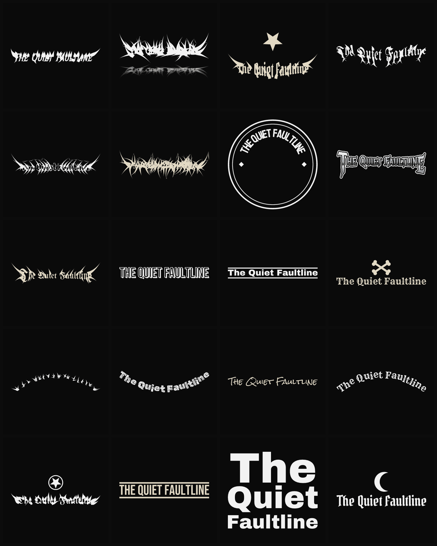 Twenty The Quiet Faultline band logo ideas — different faces, treatments and spike settings
