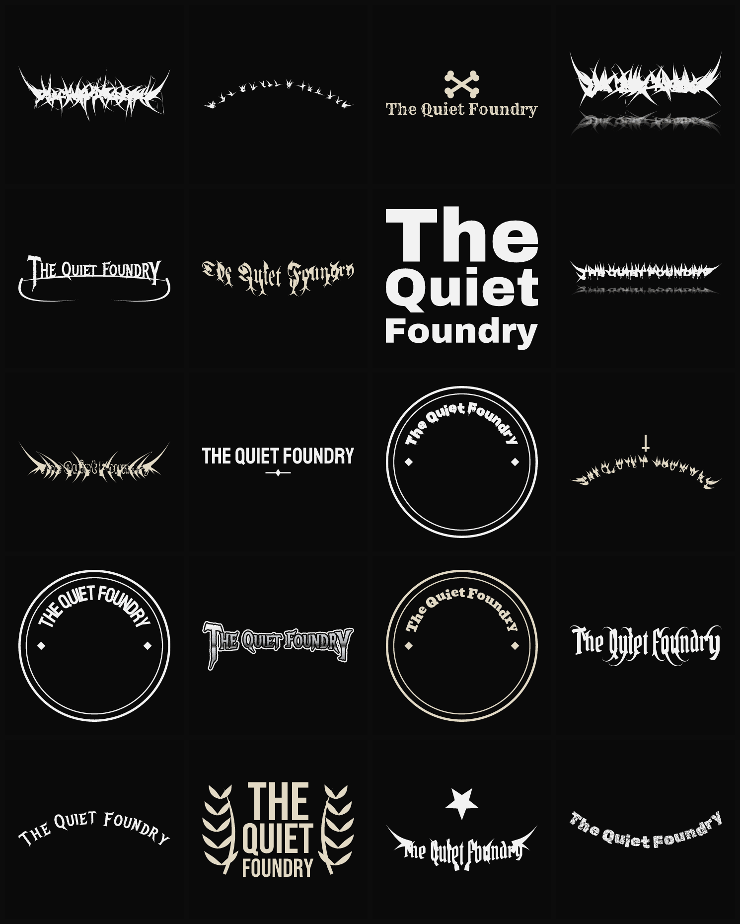 Twenty The Quiet Foundry band logo ideas — different faces, treatments and spike settings
