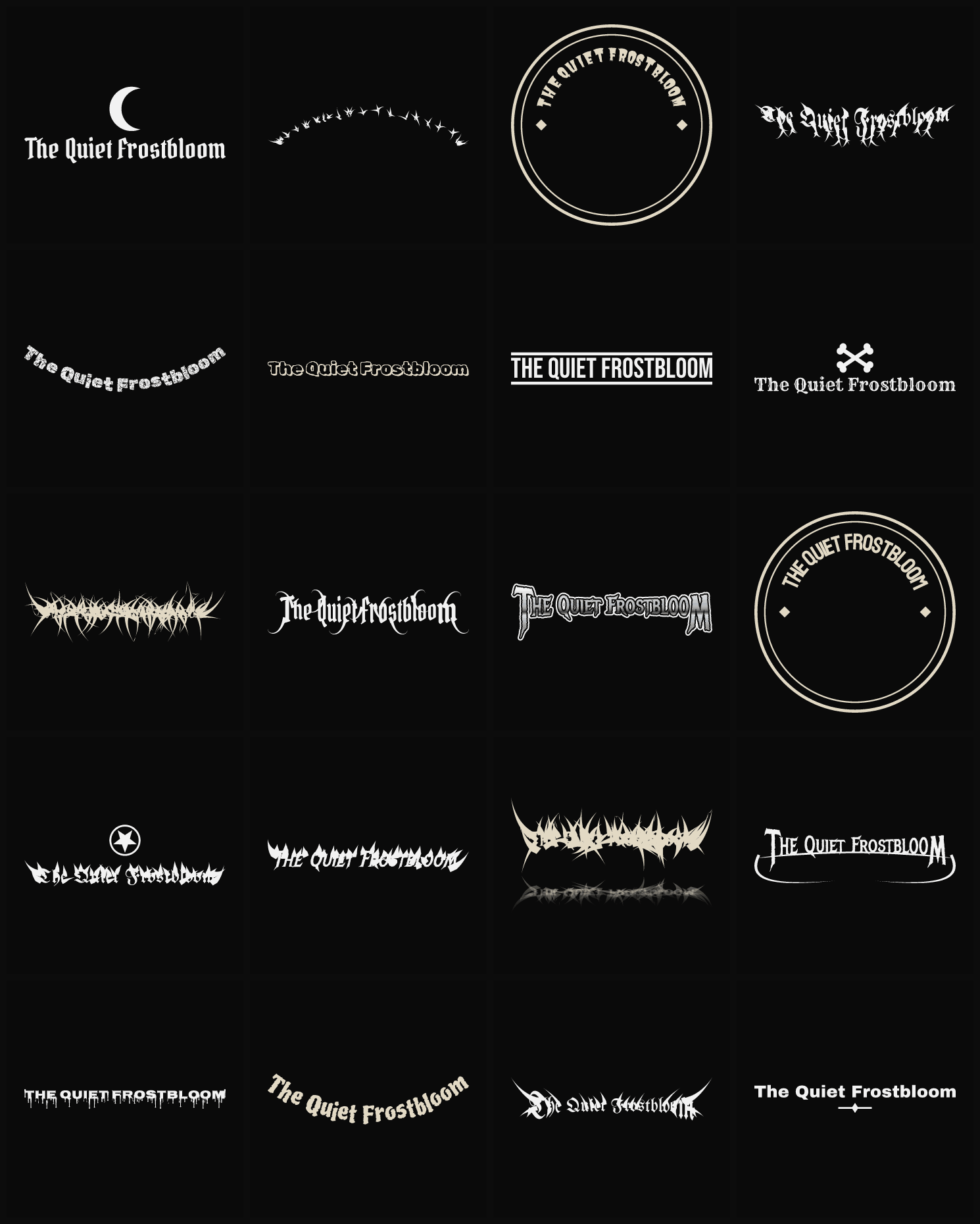 Twenty The Quiet Frostbloom band logo ideas — different faces, treatments and spike settings