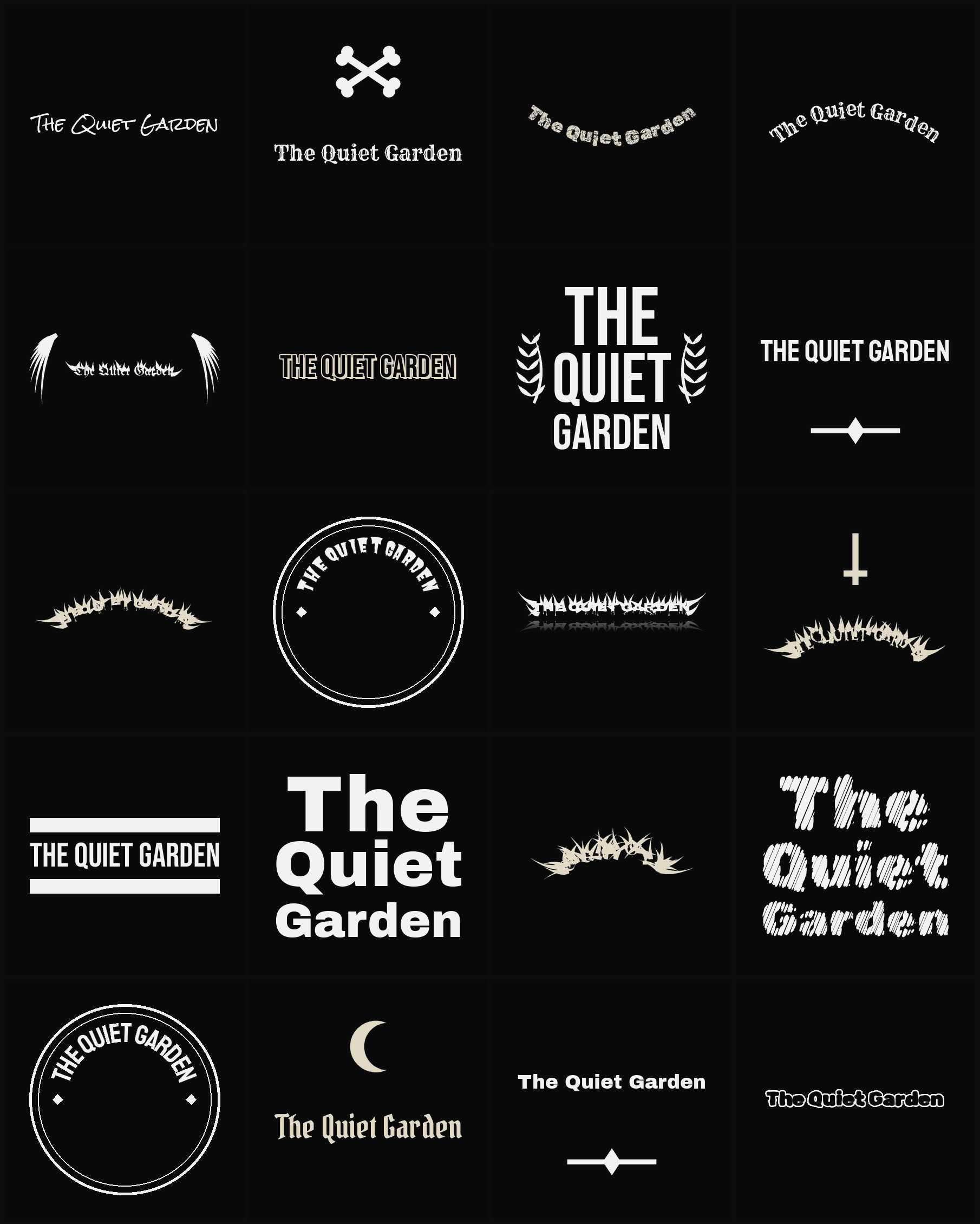 Twenty The Quiet Garden band logo ideas — different faces, treatments and spike settings