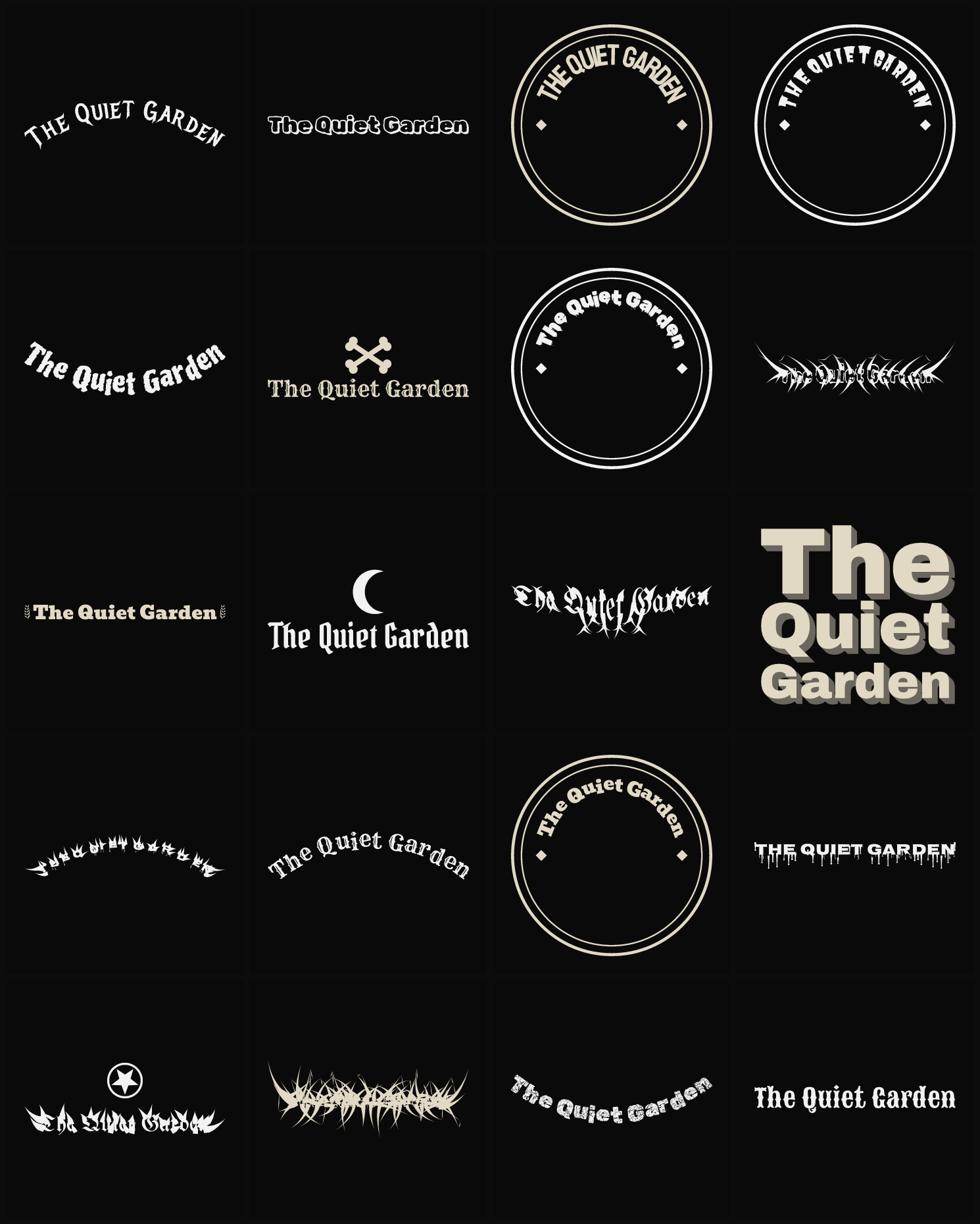 Twenty The Quiet Garden band logo ideas — different faces, treatments and spike settings