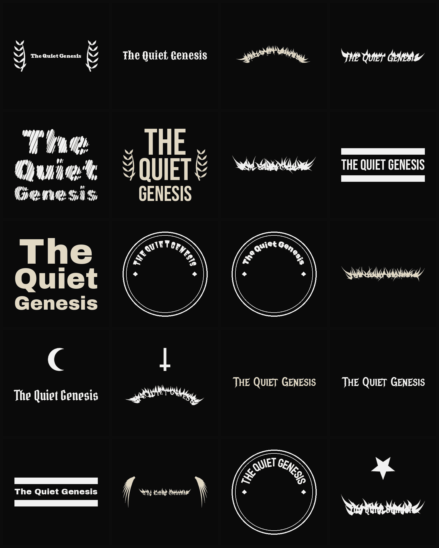 Twenty The Quiet Genesis band logo ideas — different faces, treatments and spike settings