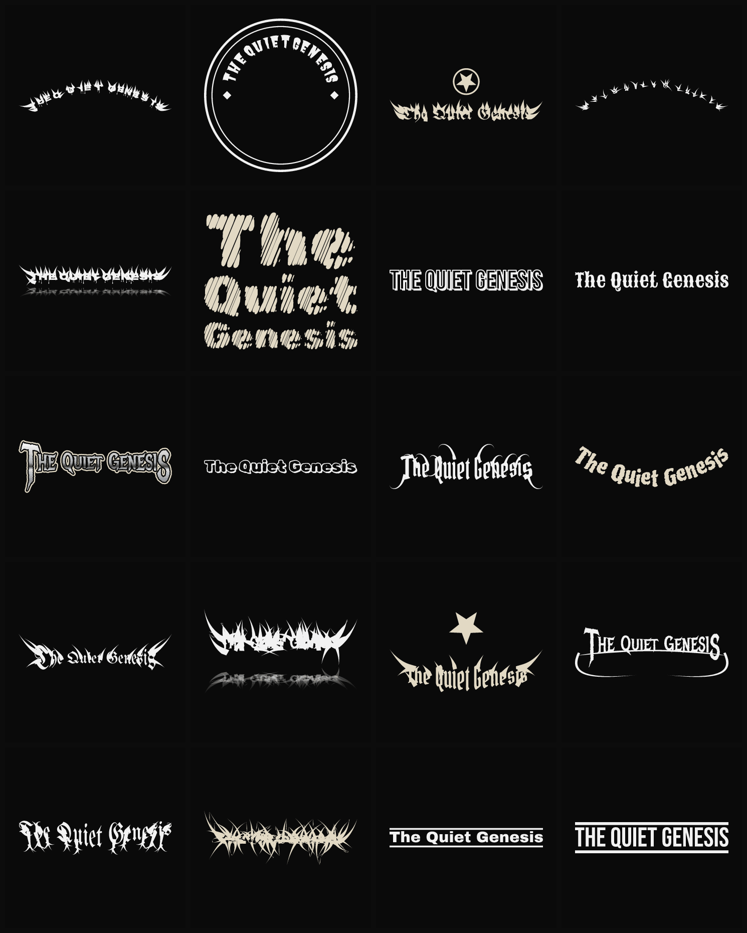 Twenty The Quiet Genesis band logo ideas — different faces, treatments and spike settings