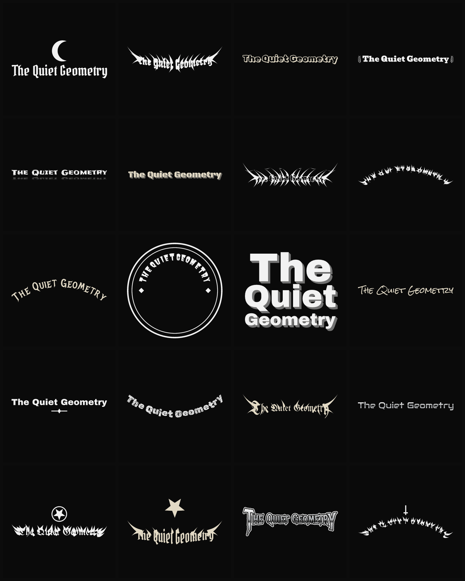 Twenty The Quiet Geometry band logo ideas — different faces, treatments and spike settings