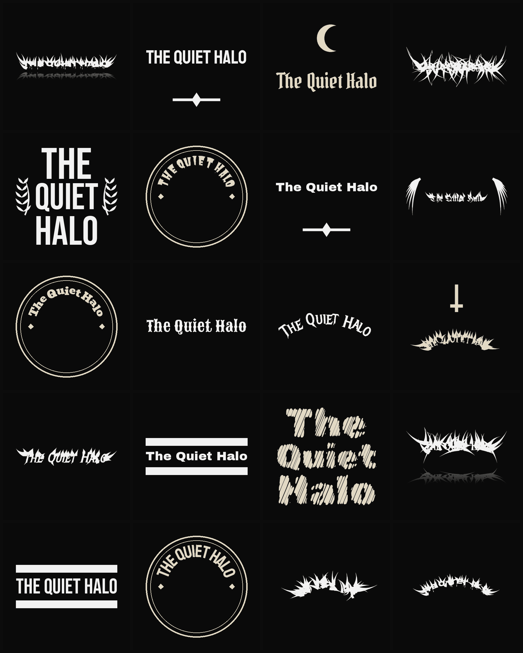 Twenty The Quiet Halo band logo ideas — different faces, treatments and spike settings