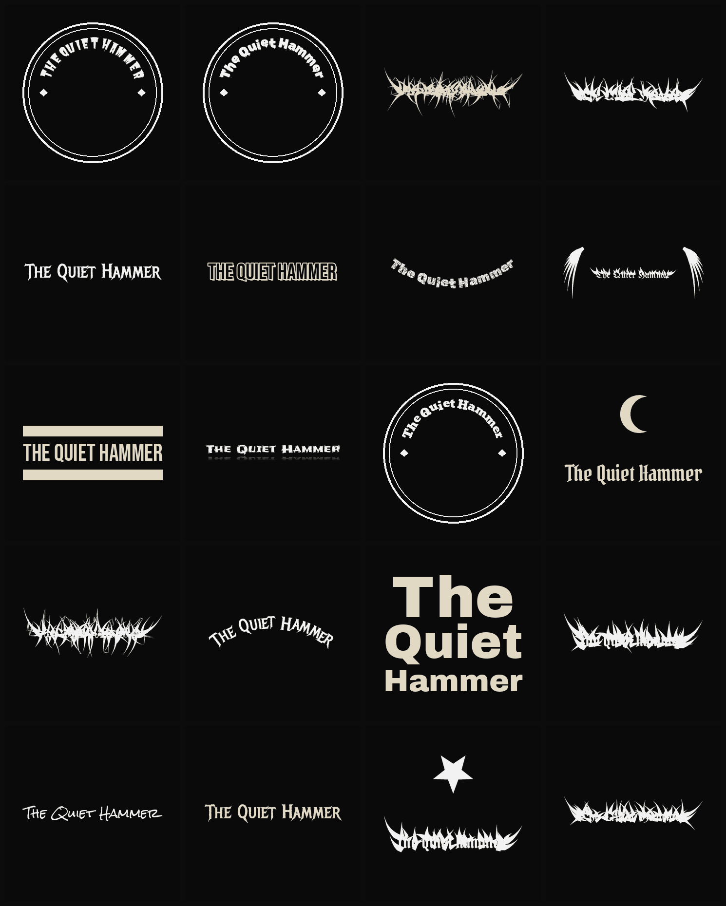 Twenty The Quiet Hammer band logo ideas — different faces, treatments and spike settings