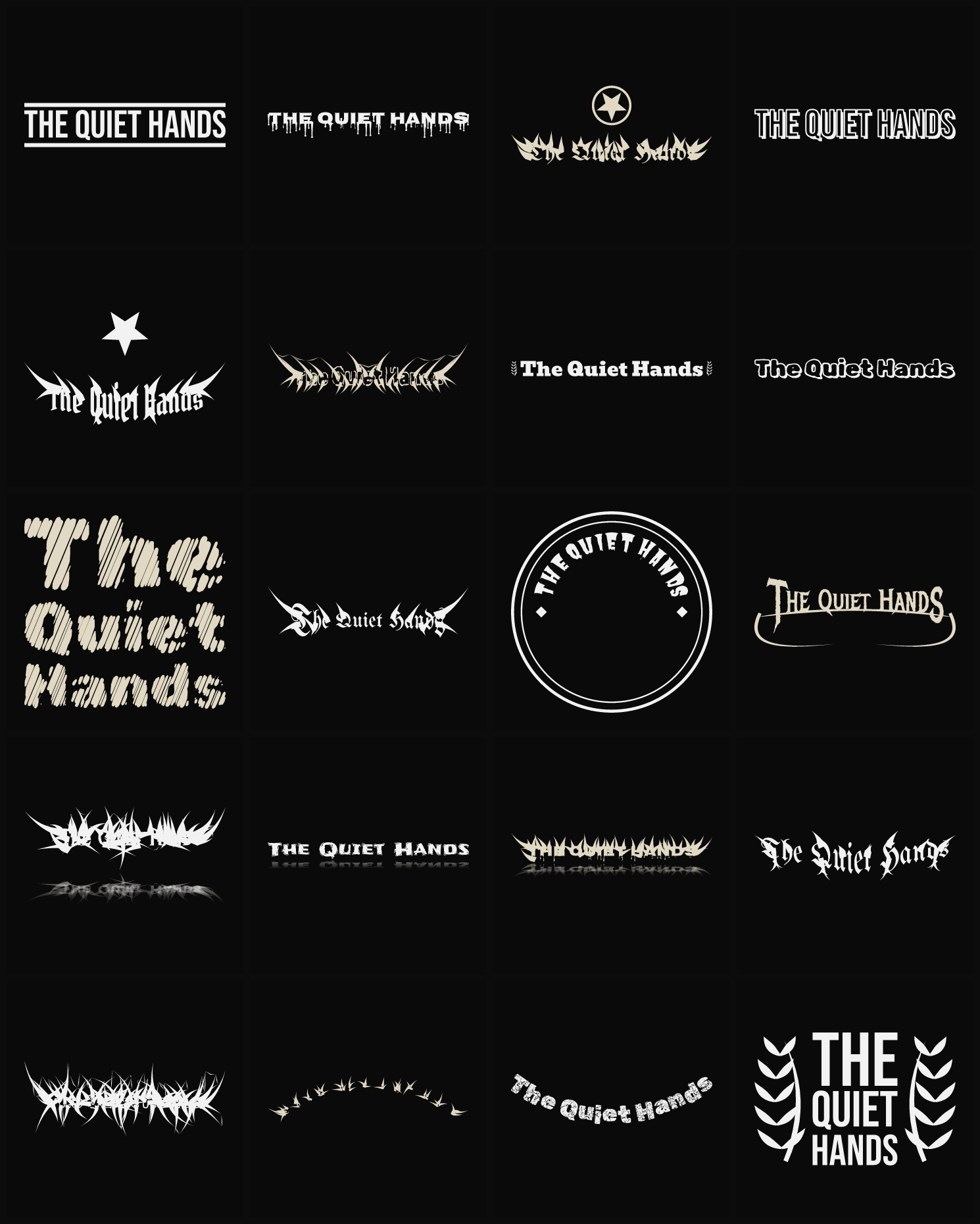Twenty The Quiet Hands band logo ideas — different faces, treatments and spike settings