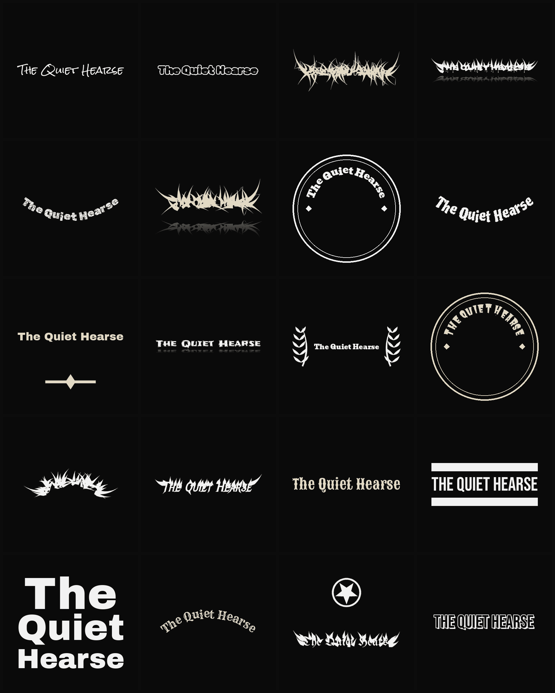 Twenty The Quiet Hearse band logo ideas — different faces, treatments and spike settings