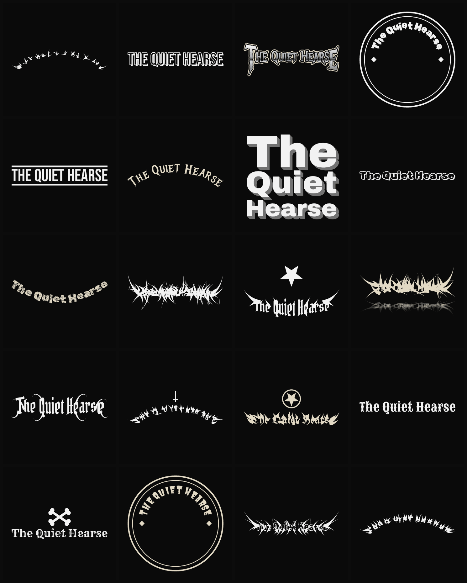 Twenty The Quiet Hearse band logo ideas — different faces, treatments and spike settings