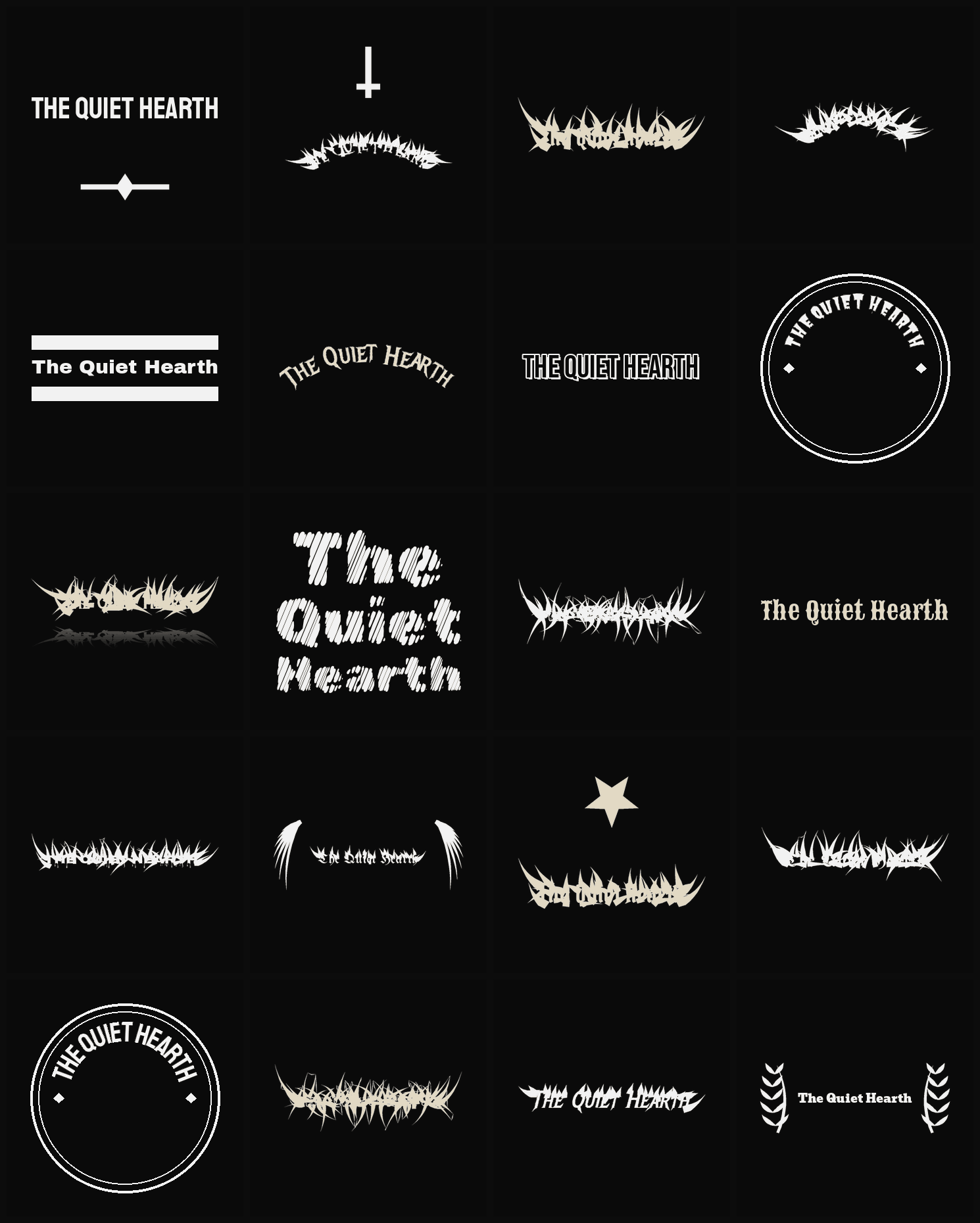 Twenty The Quiet Hearth band logo ideas — different faces, treatments and spike settings