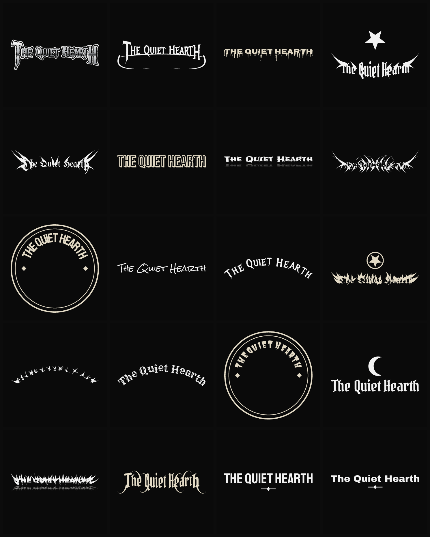 Twenty The Quiet Hearth band logo ideas — different faces, treatments and spike settings
