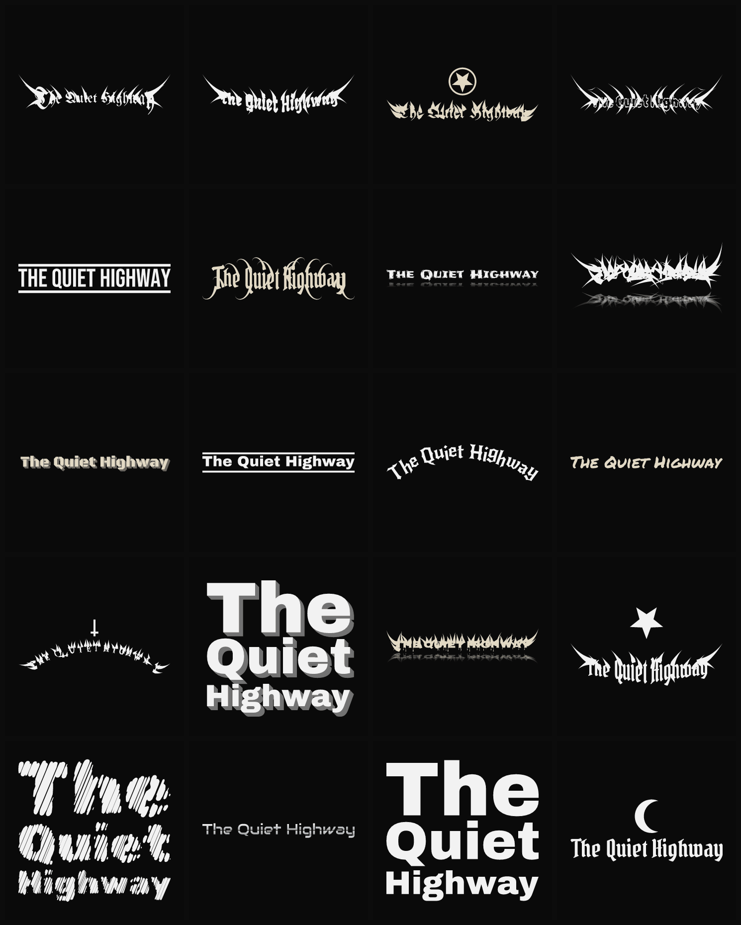 Twenty The Quiet Highway band logo ideas — different faces, treatments and spike settings