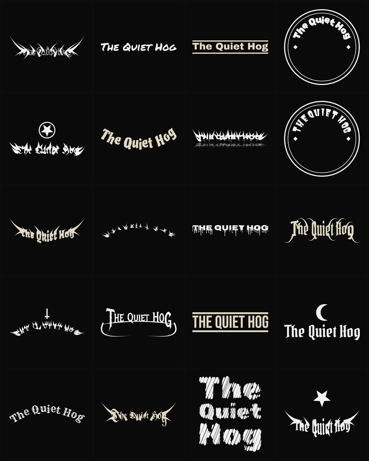 Twenty The Quiet Hog band logo ideas — different faces, treatments and spike settings