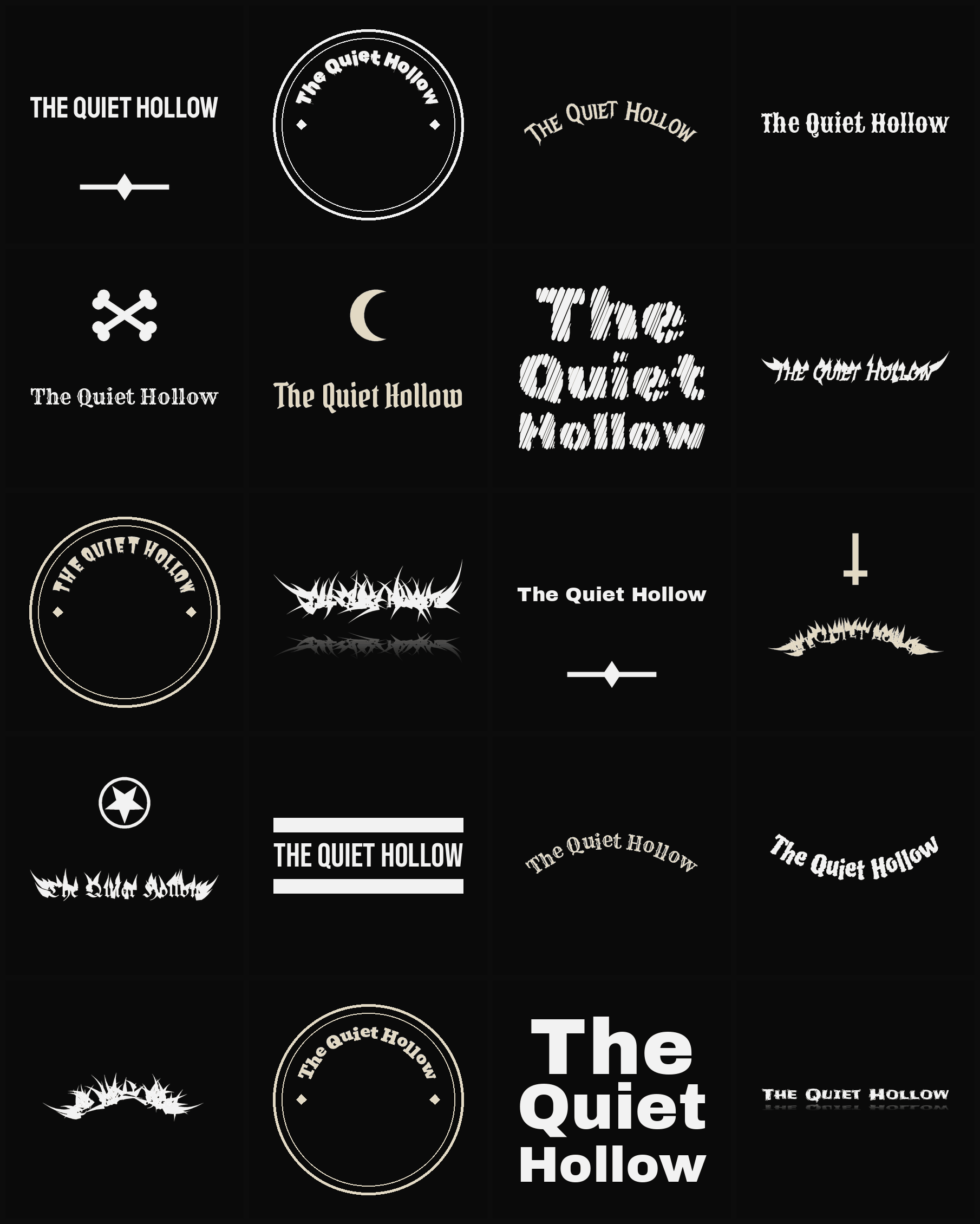 Twenty The Quiet Hollow band logo ideas — different faces, treatments and spike settings