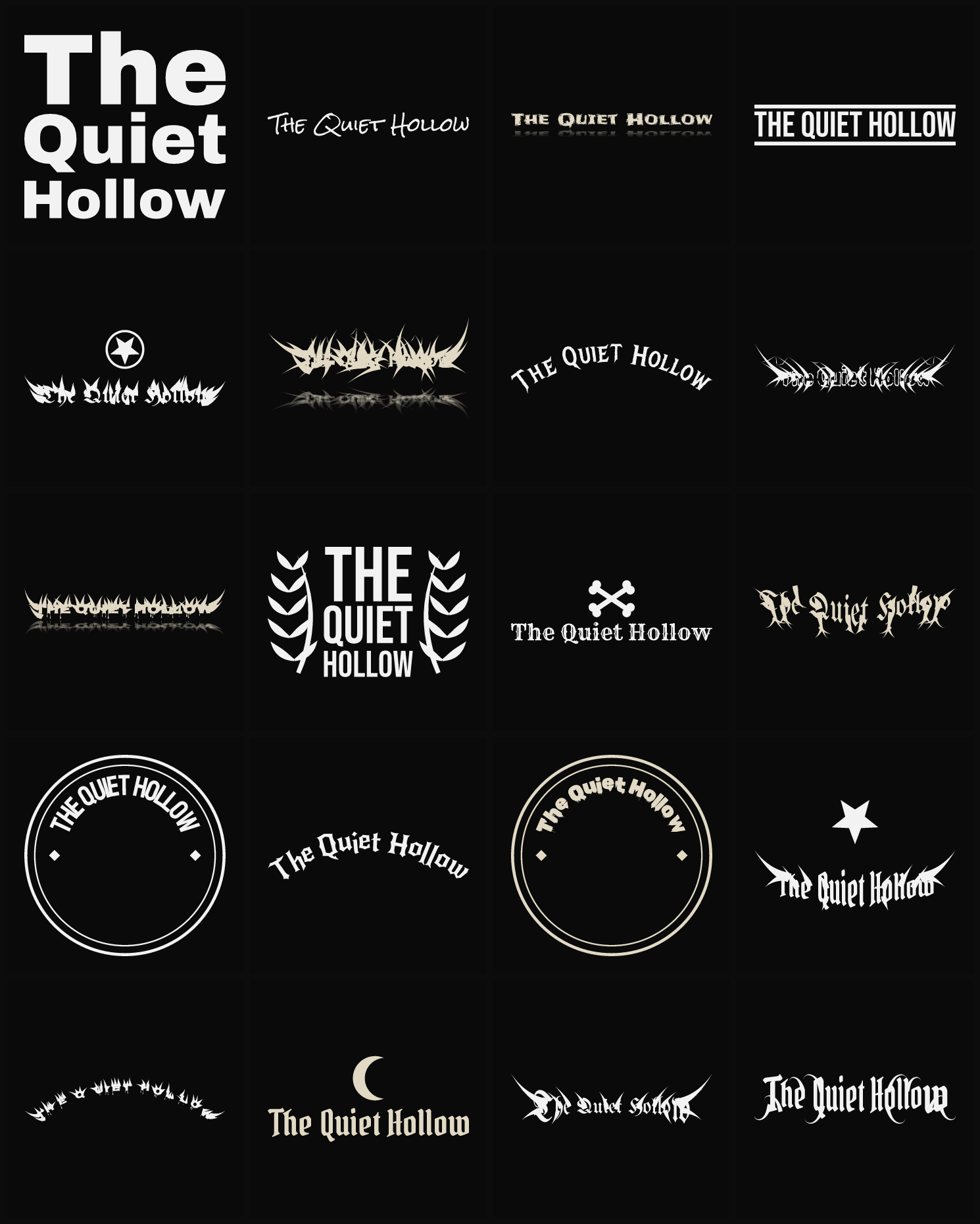 Twenty The Quiet Hollow band logo ideas — different faces, treatments and spike settings
