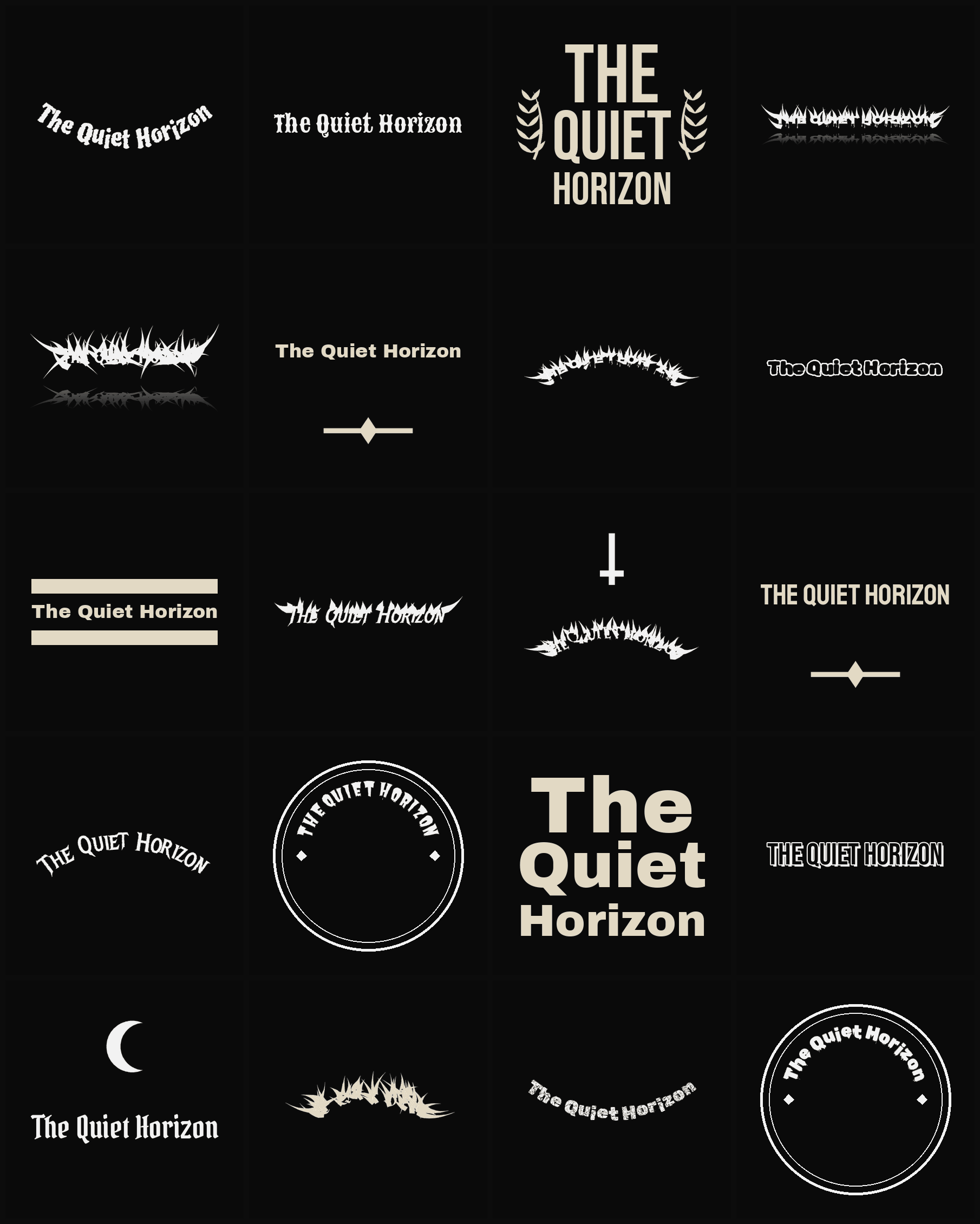 Twenty The Quiet Horizon band logo ideas — different faces, treatments and spike settings