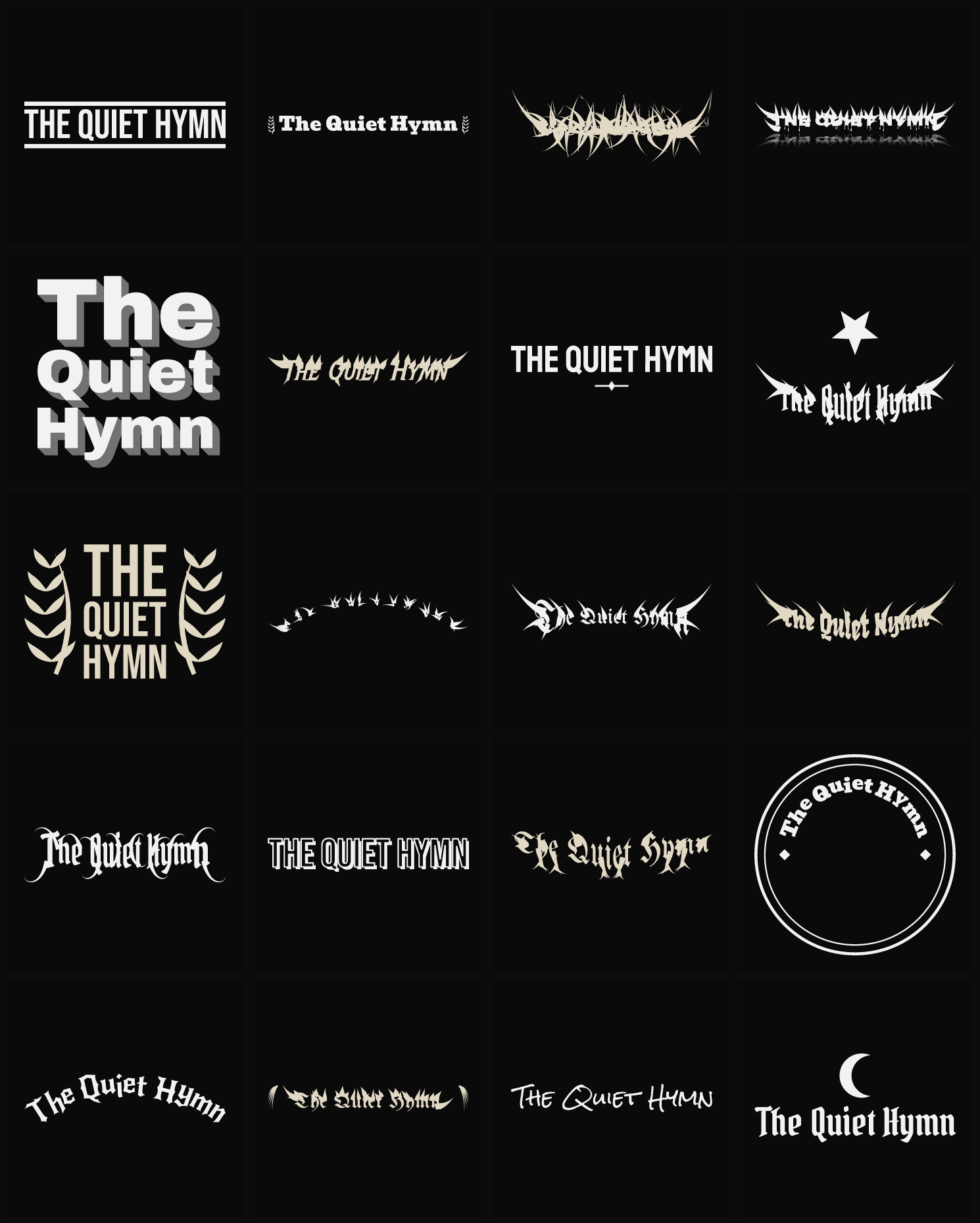 Twenty The Quiet Hymn band logo ideas — different faces, treatments and spike settings