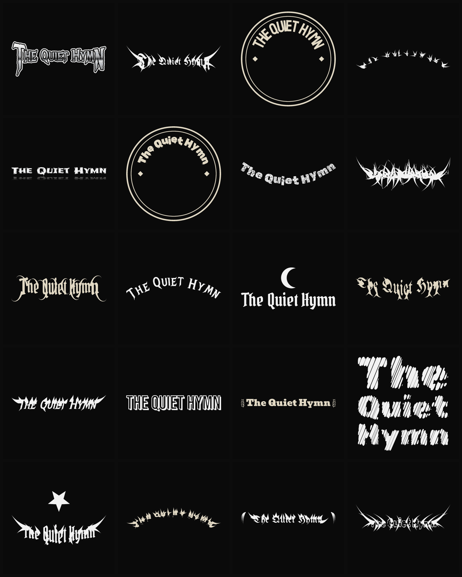 Twenty The Quiet Hymn band logo ideas — different faces, treatments and spike settings