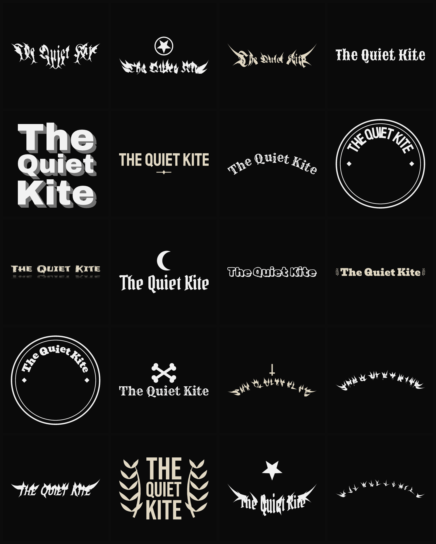 Twenty The Quiet Kite band logo ideas — different faces, treatments and spike settings