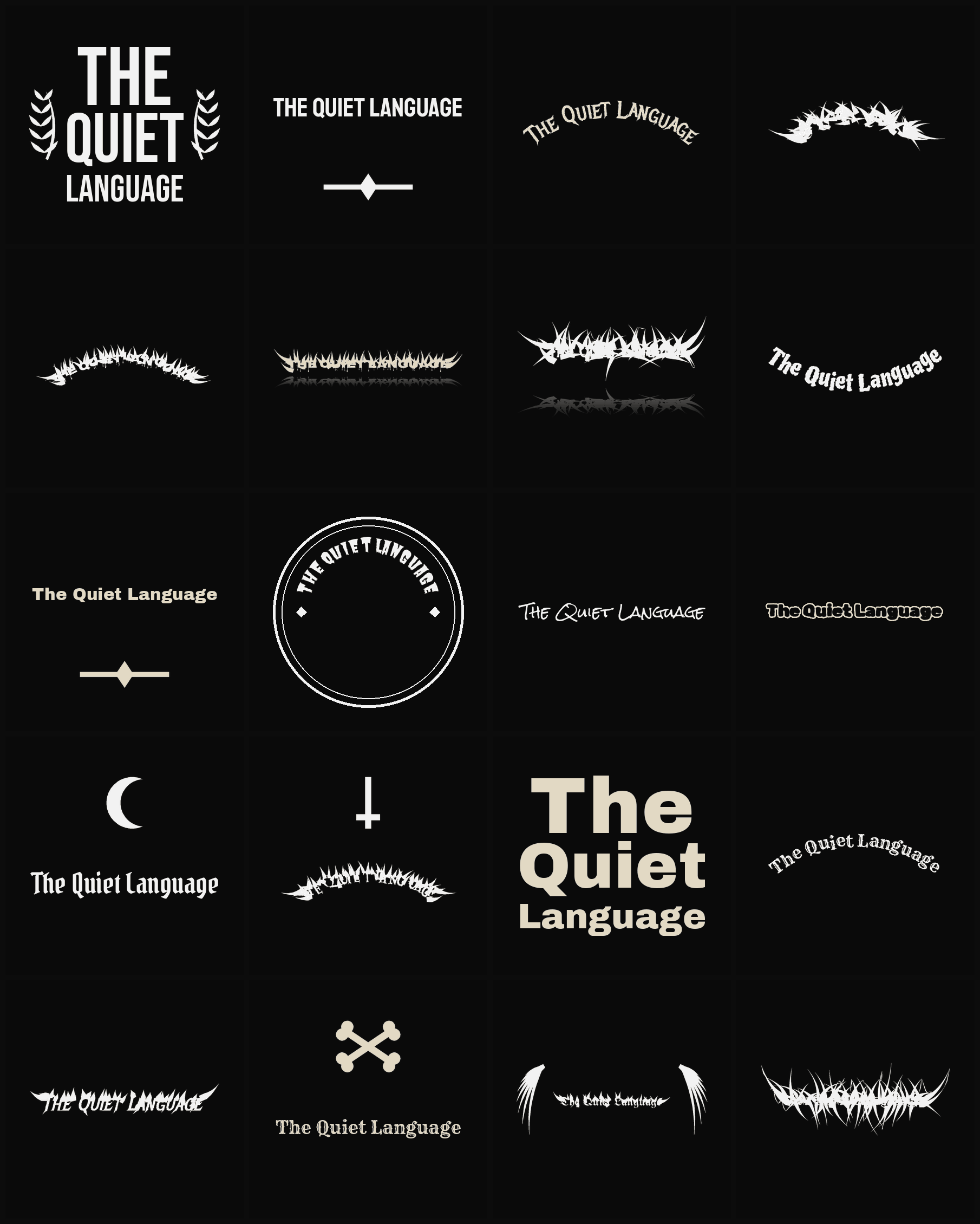 Twenty The Quiet Language band logo ideas — different faces, treatments and spike settings
