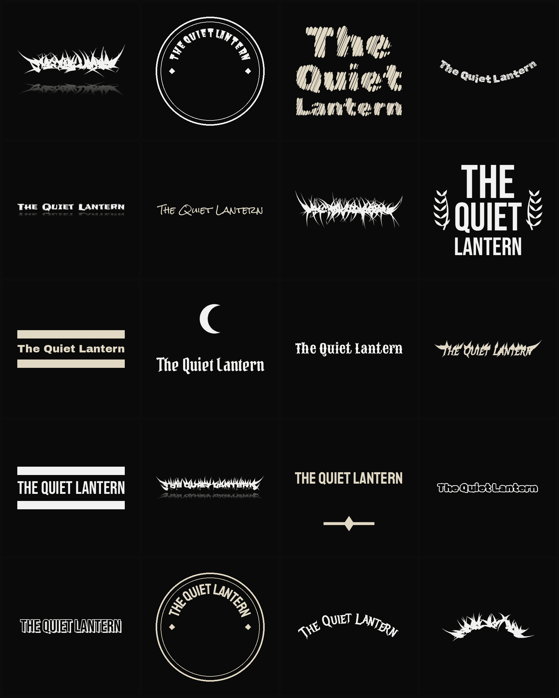 Twenty The Quiet Lantern band logo ideas — different faces, treatments and spike settings