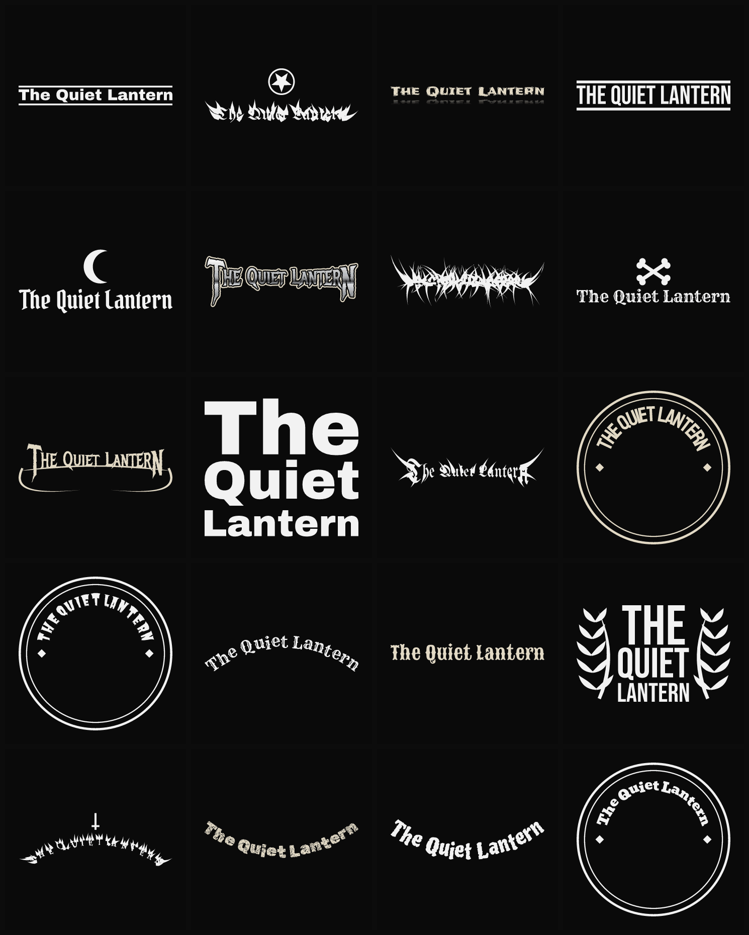 Twenty The Quiet Lantern band logo ideas — different faces, treatments and spike settings