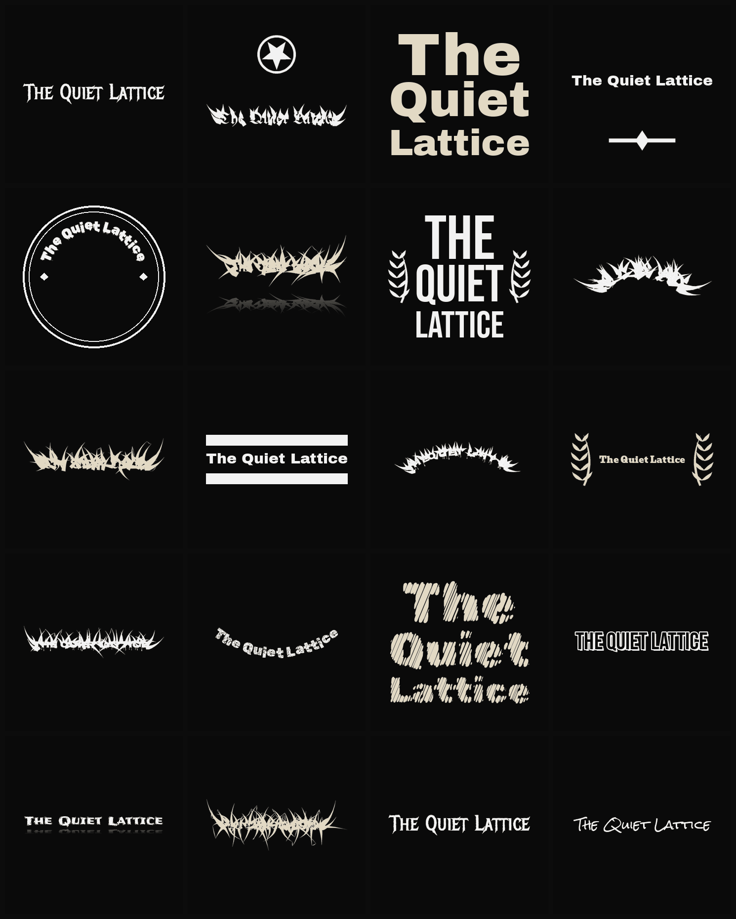 Twenty The Quiet Lattice band logo ideas — different faces, treatments and spike settings