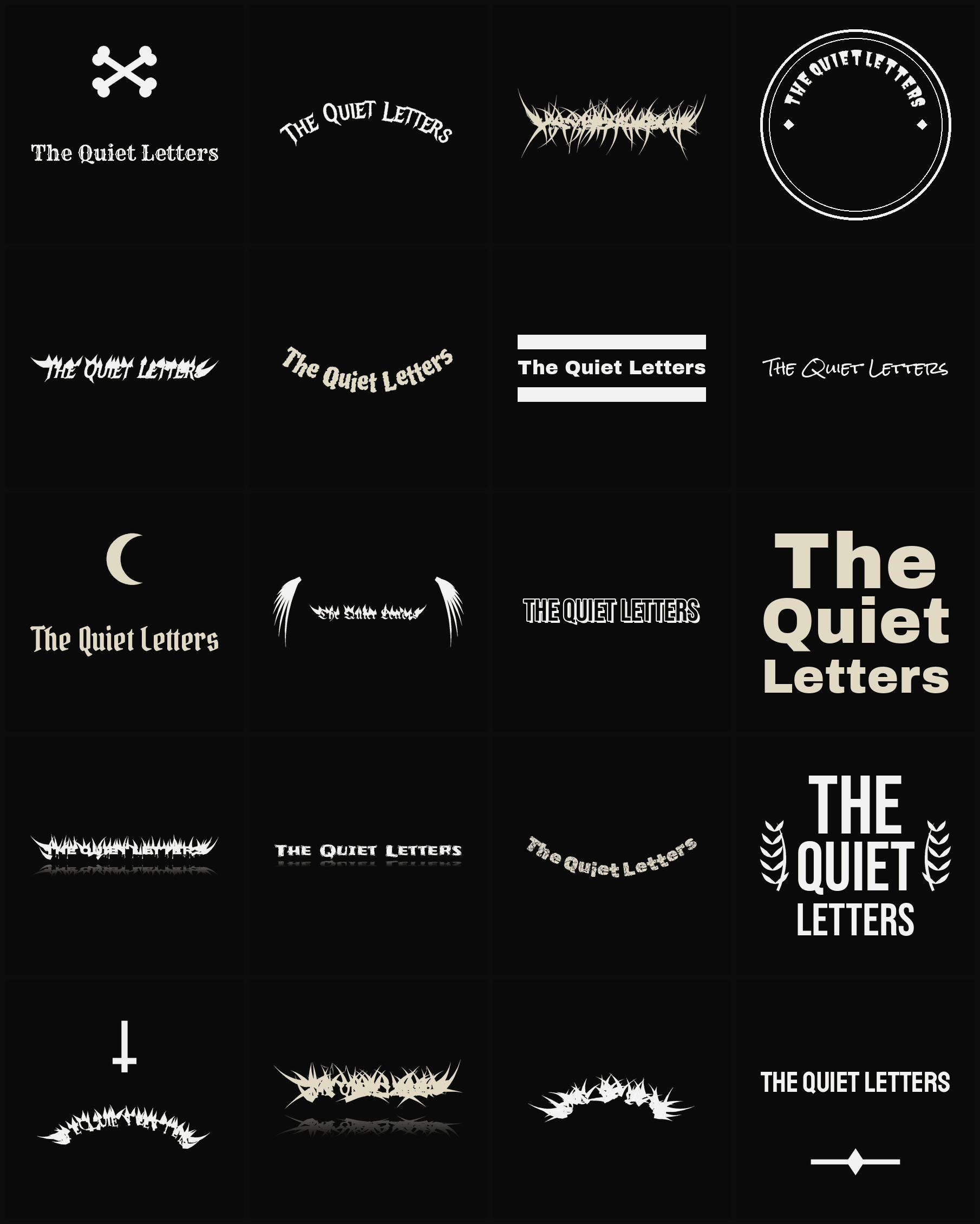 Twenty The Quiet Letters band logo ideas — different faces, treatments and spike settings