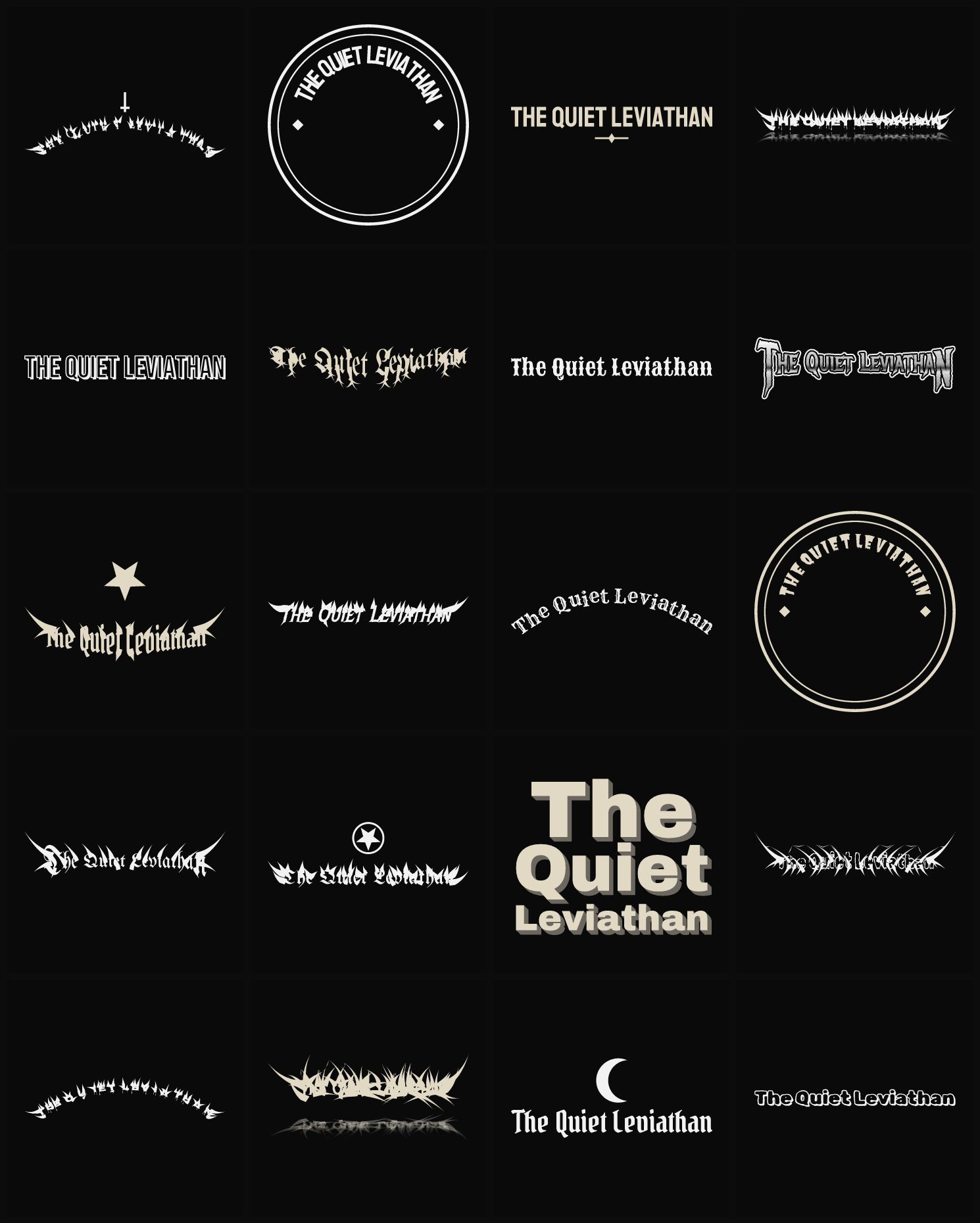 Twenty The Quiet Leviathan band logo ideas — different faces, treatments and spike settings