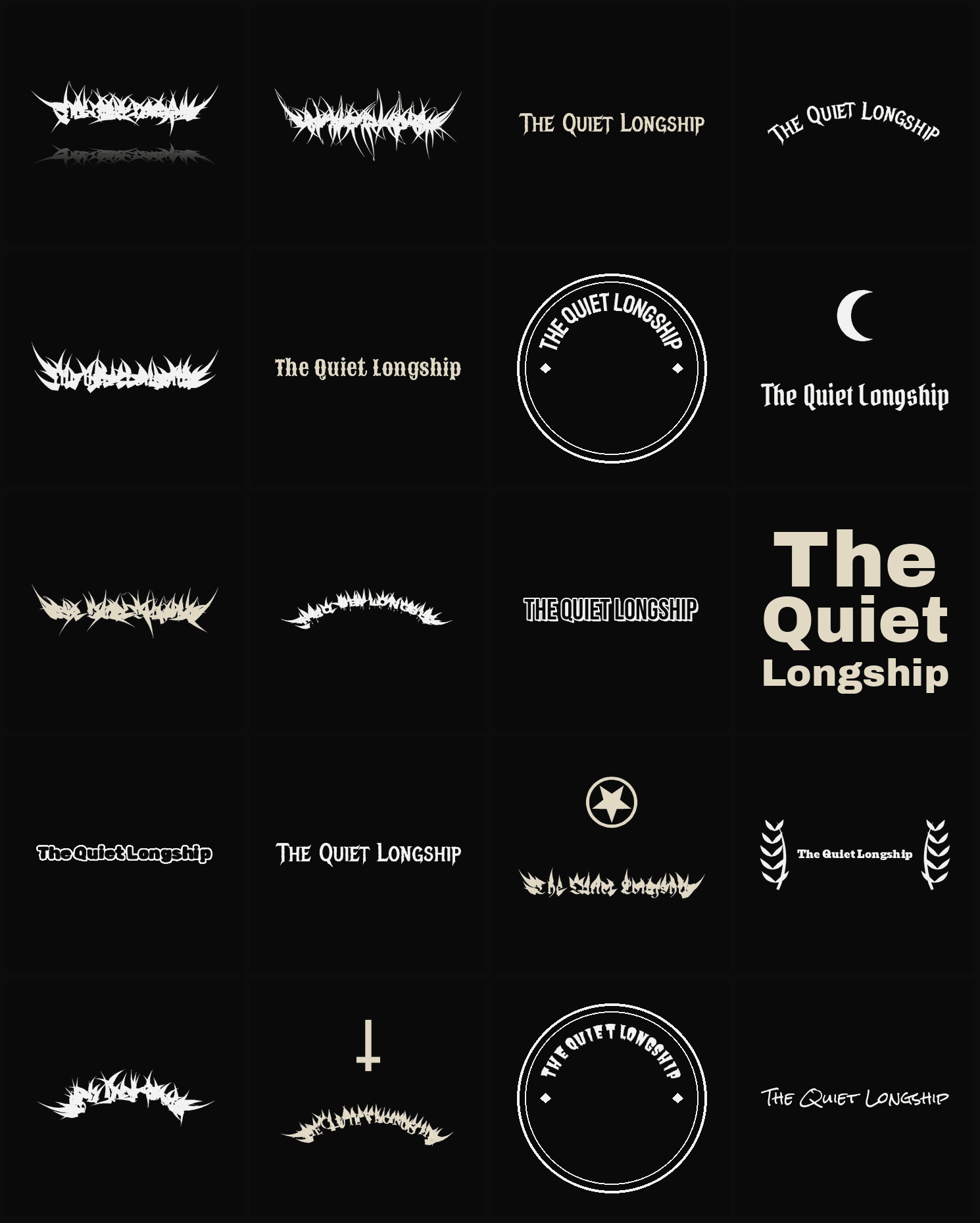 Twenty The Quiet Longship band logo ideas — different faces, treatments and spike settings