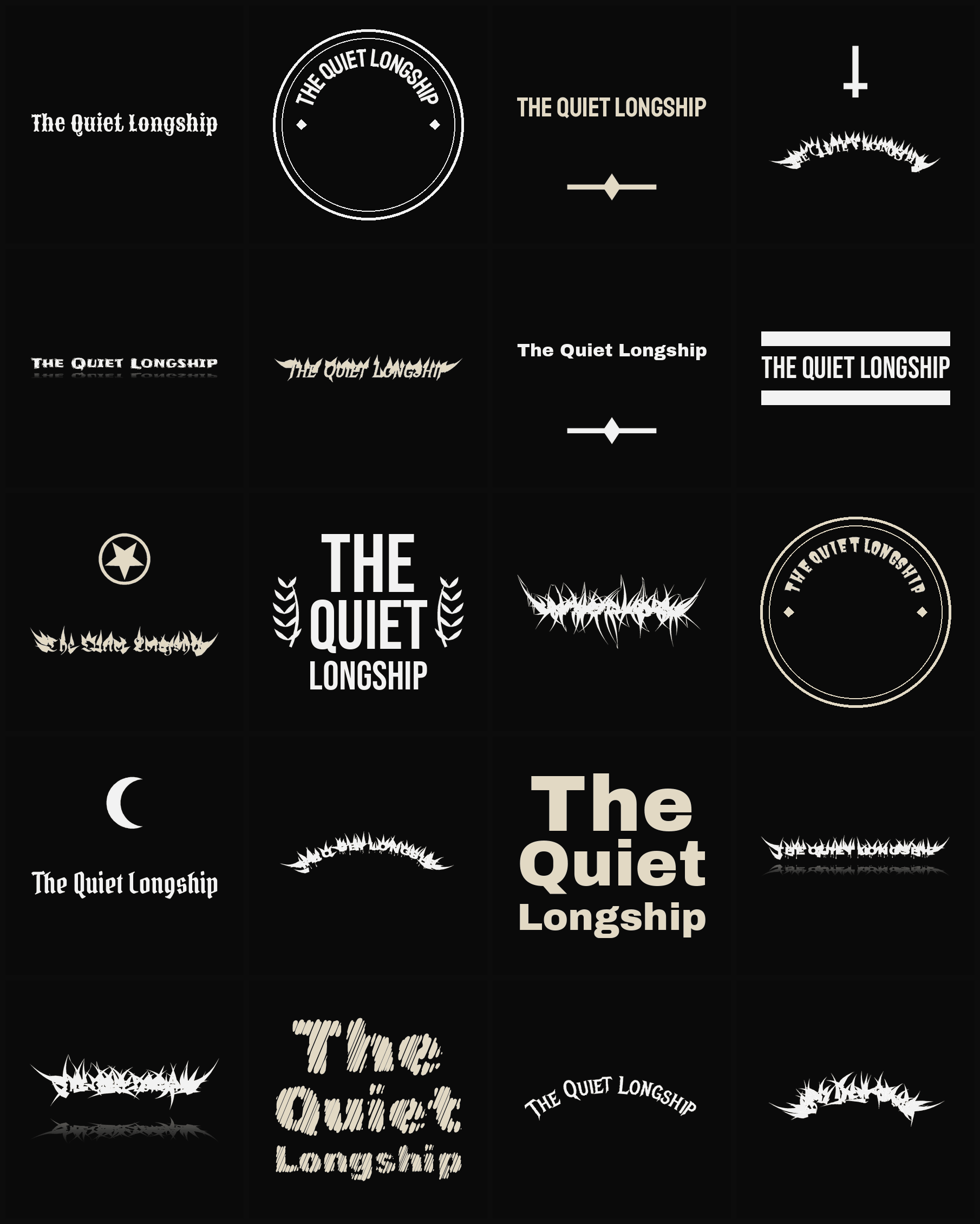 Twenty The Quiet Longship band logo ideas — different faces, treatments and spike settings