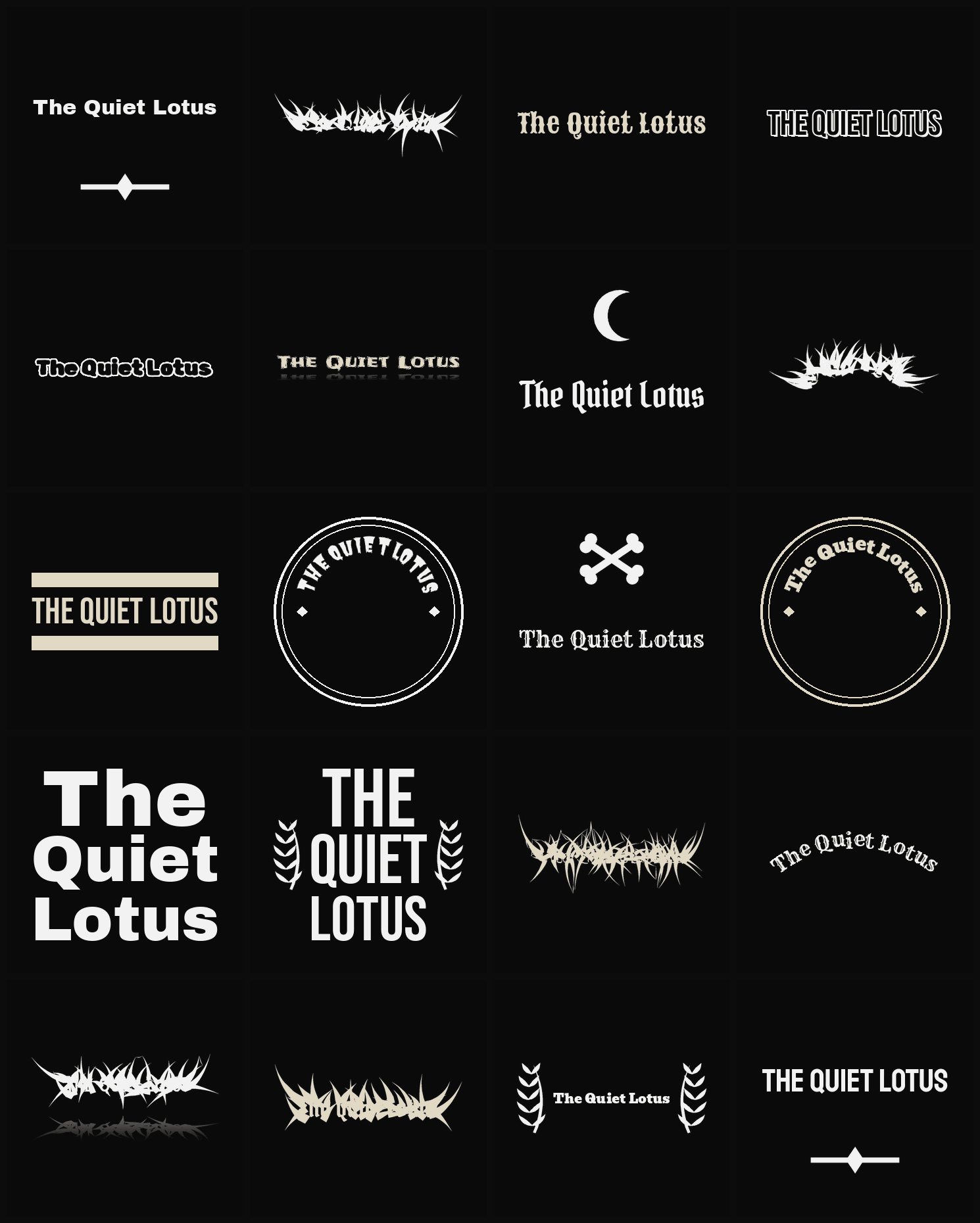 Twenty The Quiet Lotus band logo ideas — different faces, treatments and spike settings