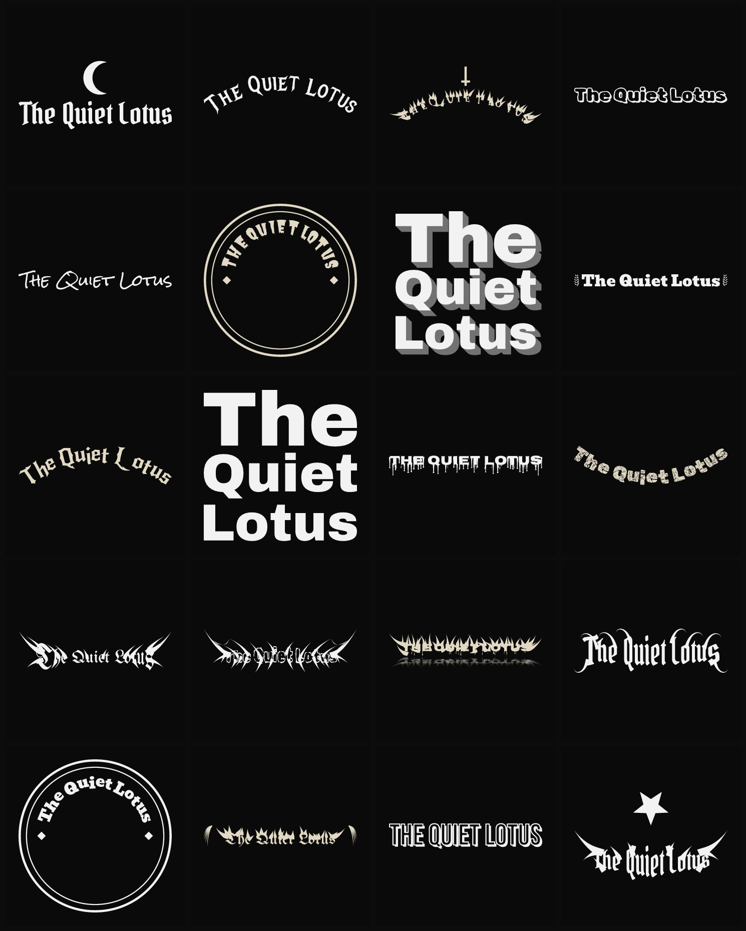 Twenty The Quiet Lotus band logo ideas — different faces, treatments and spike settings