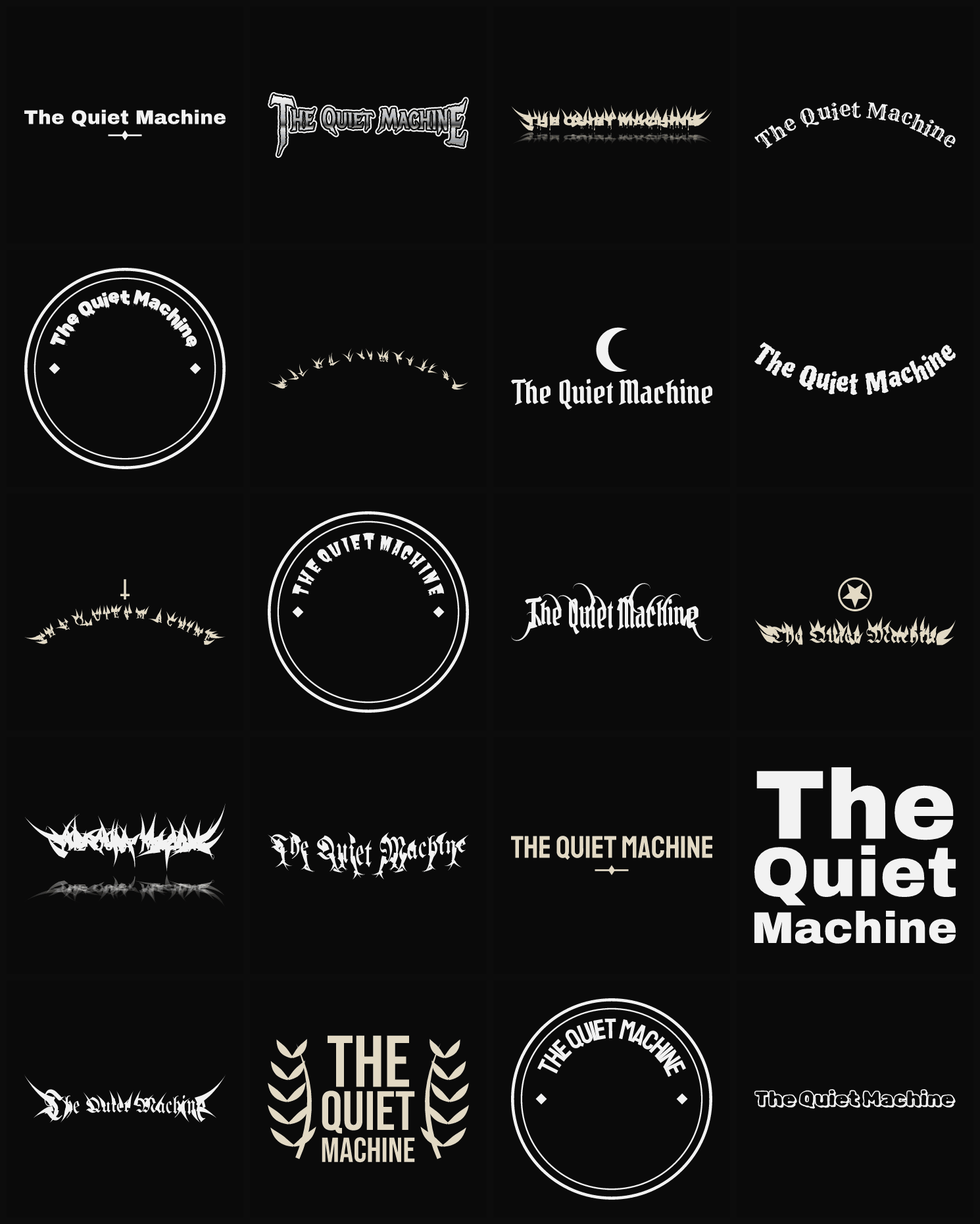 Twenty The Quiet Machine band logo ideas — different faces, treatments and spike settings