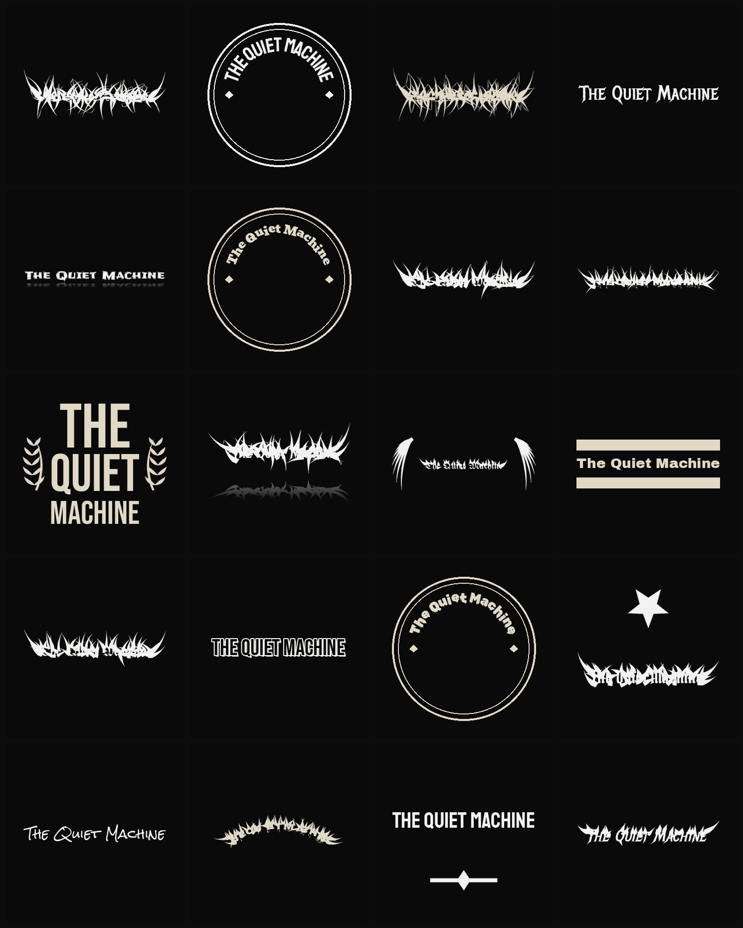 Twenty The Quiet Machine band logo ideas — different faces, treatments and spike settings