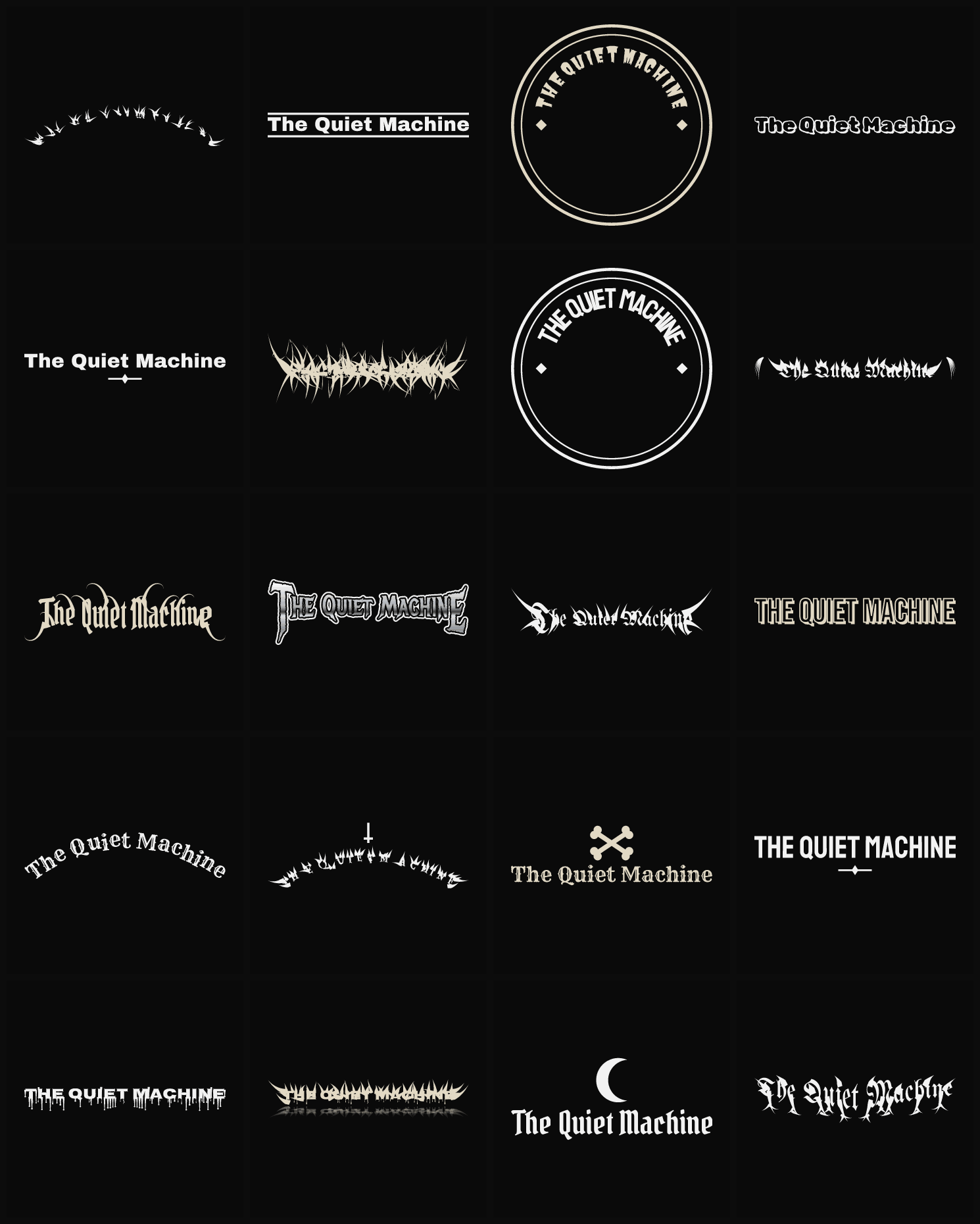 Twenty The Quiet Machine band logo ideas — different faces, treatments and spike settings