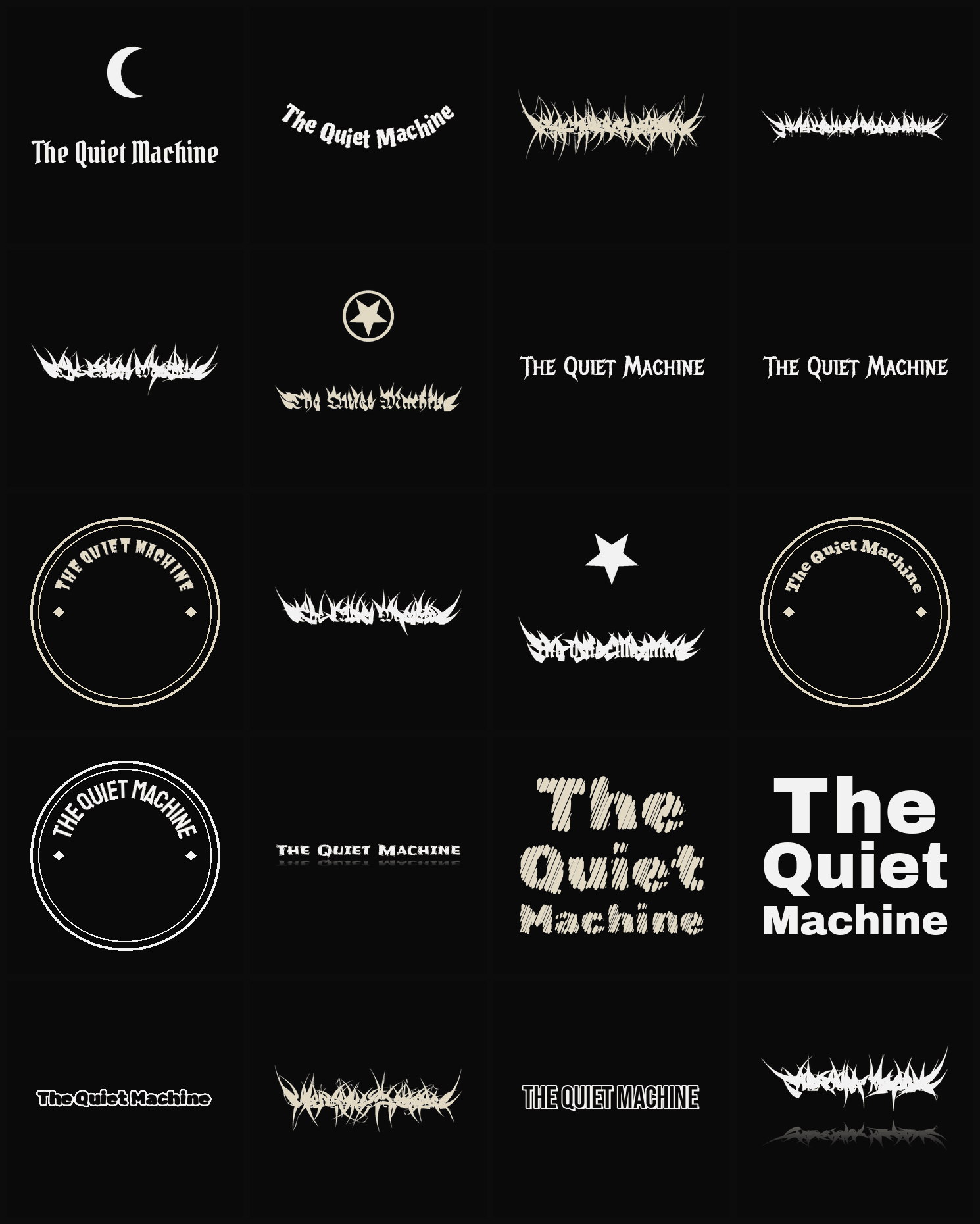 Twenty The Quiet Machine band logo ideas — different faces, treatments and spike settings