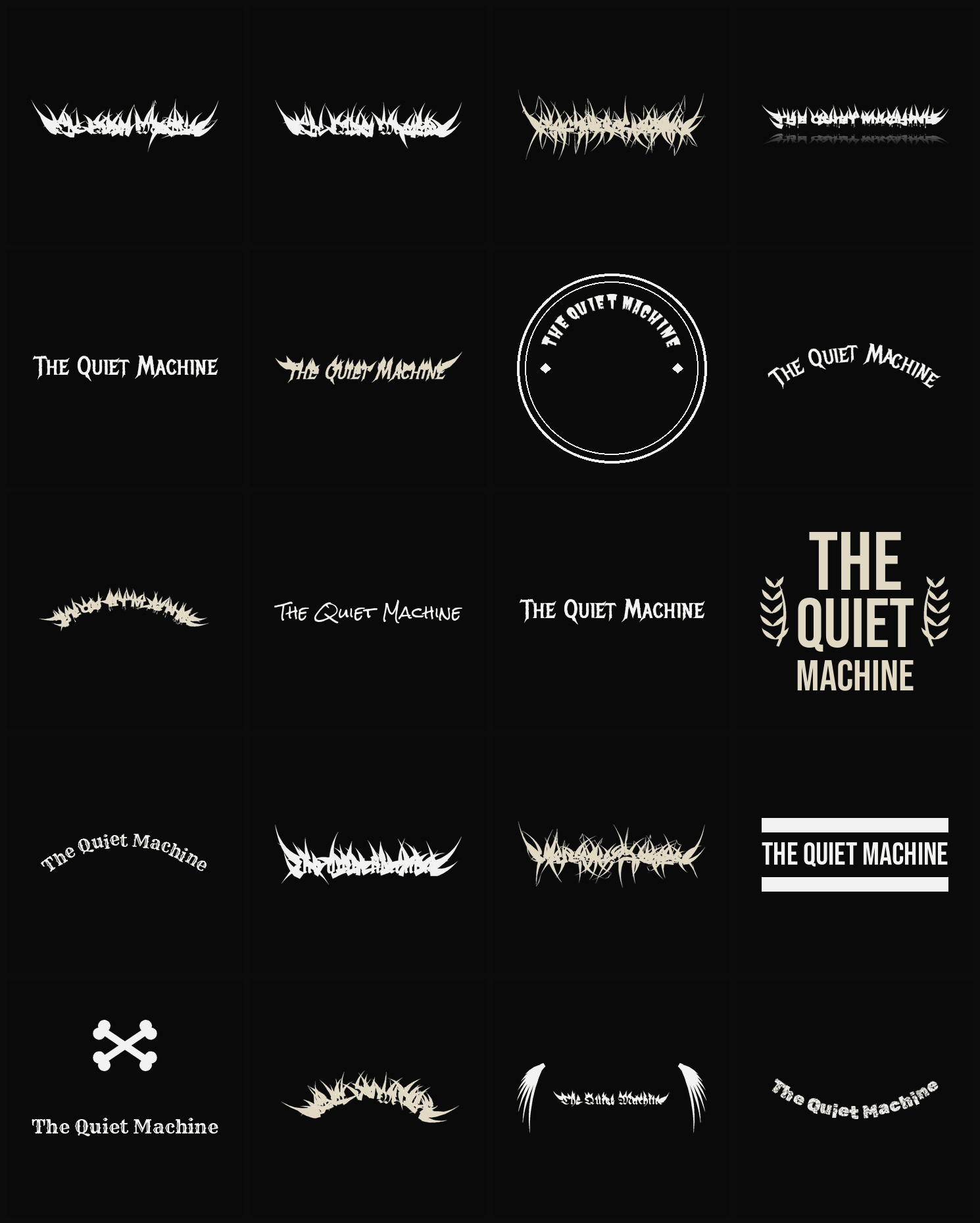 Twenty The Quiet Machine band logo ideas — different faces, treatments and spike settings